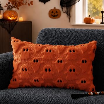 DFXSZ Halloween Pillow Covers 12x20 Orange Ghost Plush Halloween Decor095