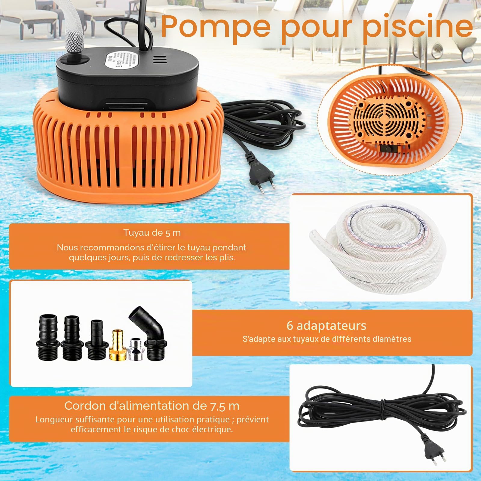 Pompe Submersible 75W, Pompe Vide Piscine 3200 L/H pompe de Couverture de Piscine avec Tuyau de 5 m et 6 Adaptateurs et Câble D'alimentation de 7,2 m Pour Piscines Caves Bassins