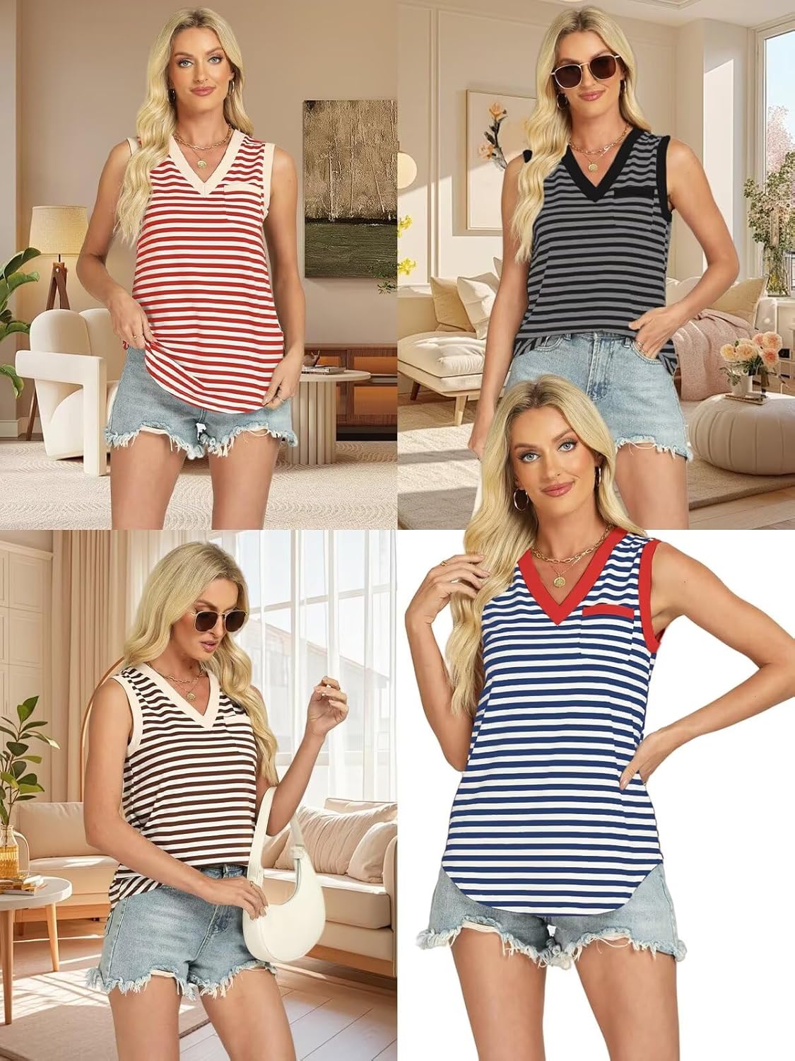 FERYSHE Tank Tops for Women 2025 Summer Shirt Loose Fit V Neck Sleeveless Knit Blouse Casual Striped Y2K Womens Clothes - Image 5
