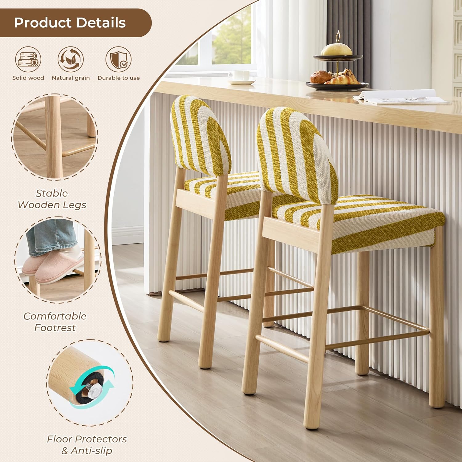Flouki Striped Bar Stools for Kitchen Island, French Counter Stools with Arched Backs, 26" Farmhouse Counter Height Stools, Kitchen Stools, Natural Wooden Legs, Yellow, Set of 2