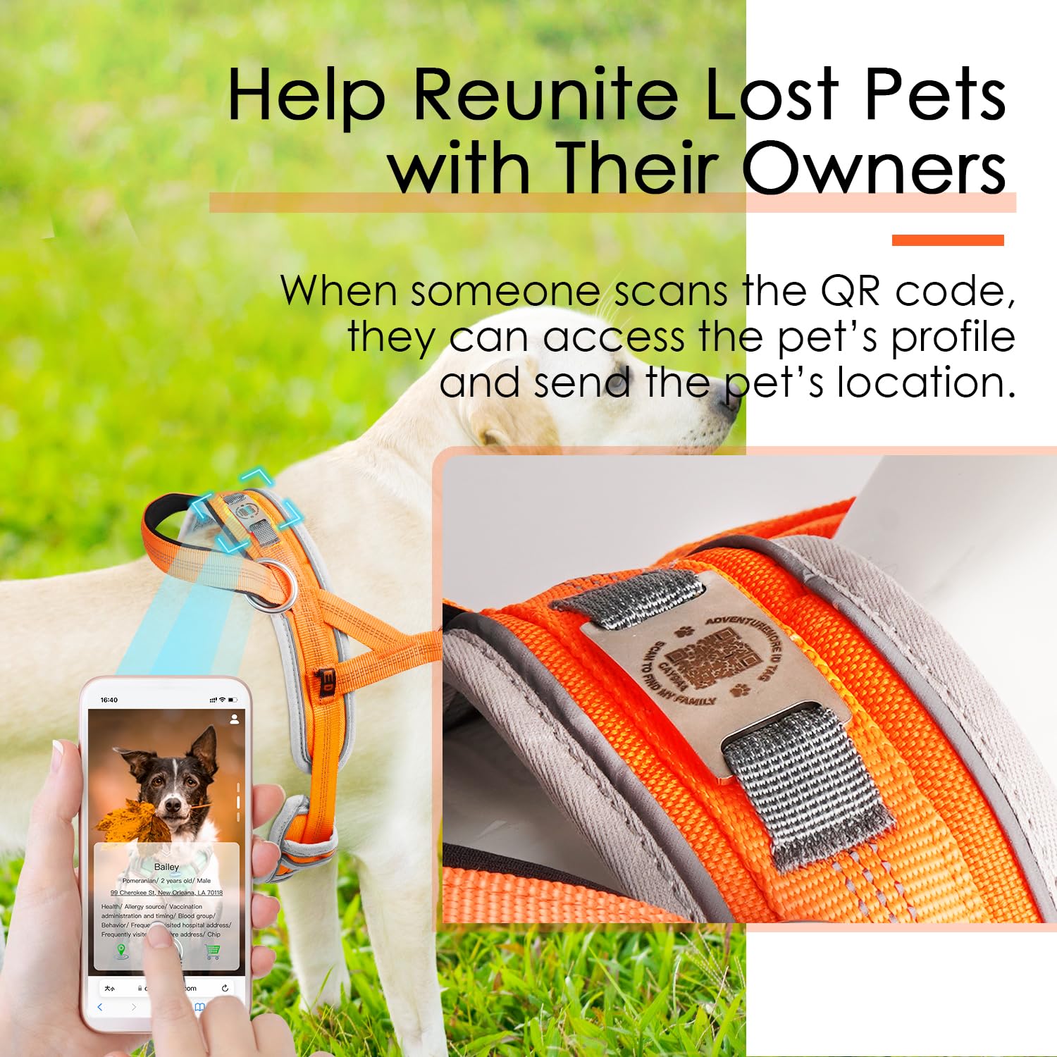 ADVENTUREMORE Arnés para perro de tamaño mediano, sin tirones, con placa para perro con código QR, chaleco reflectante ajustable para perro, a prueba de escapes, con asa de clip frontal de fácil