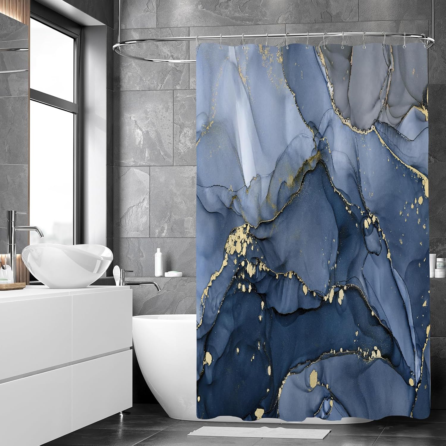 Extra Long Shower Curtain 72 x 96 Inch, Navy Blue Floor to Ceiling X-Long Abstract Marble Shower Curtains for Bathroom, Modern Luxury Art Ink Fabric Shower Curtain Set with Hooks