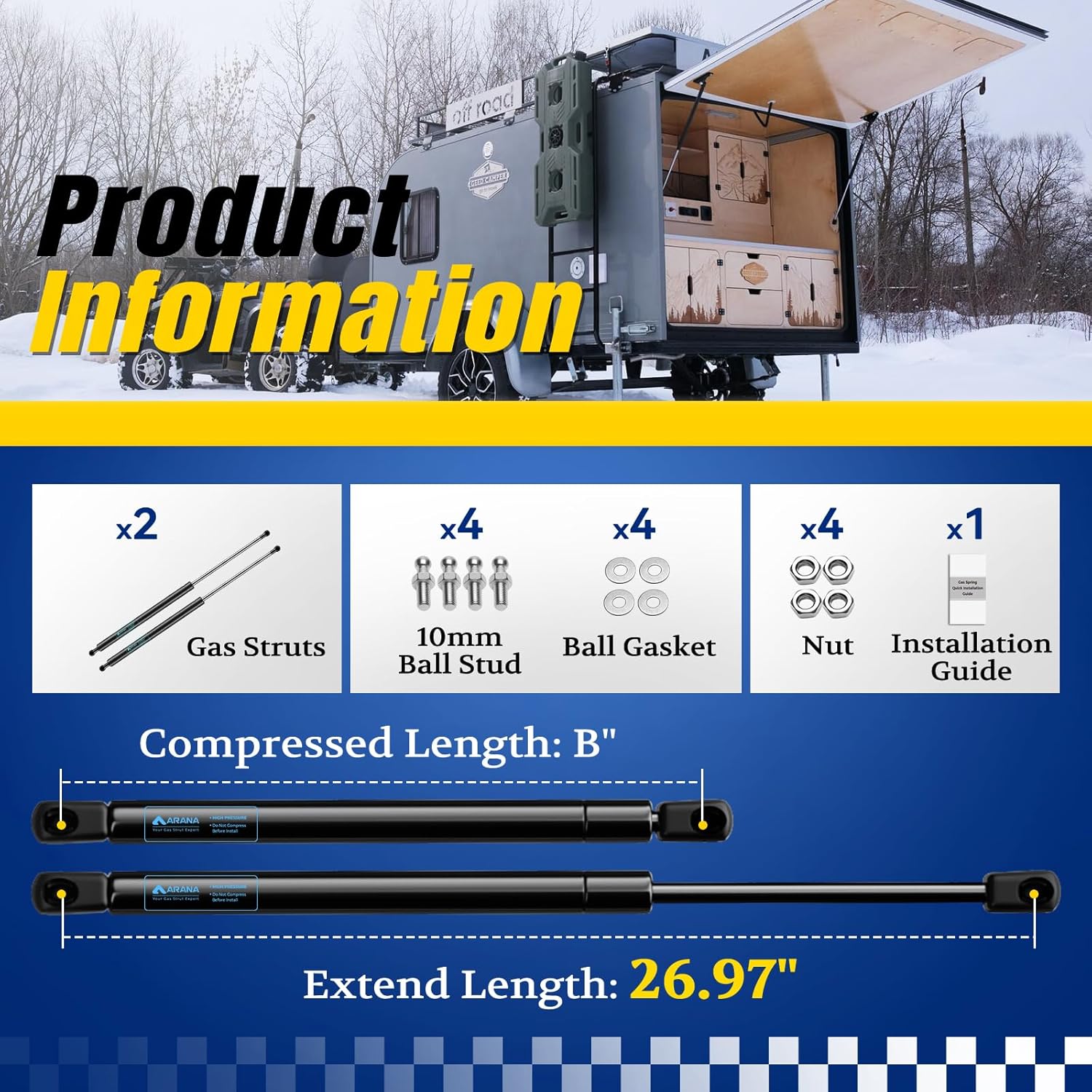 ARANA ST270EDI2-45 27 inch 45lbs/200N Gas Strut, spd-gs-6105 27" Gas Shock Support for Fiberglass Tonneau Cover Pickup Truck Bed Topper Window Undercover Replacement Parts, ih1214gs 190725, 2Pcs