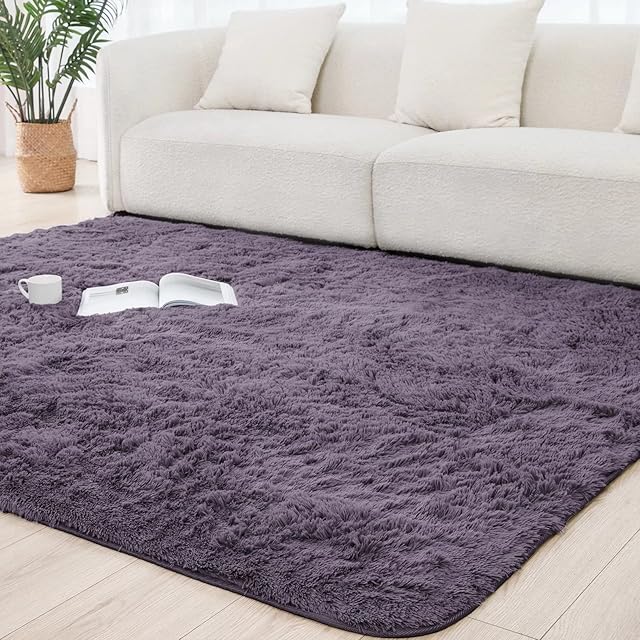 Vamcheer Fluffy Shag Area Rugs  150x240cm Super Soft Rugs Bedroom Living Room, Modern Plush Rugs Shaggy Home Decor Floor Carpet, Bedside Nursery Rugs for Kids Baby Room, Grey Purple