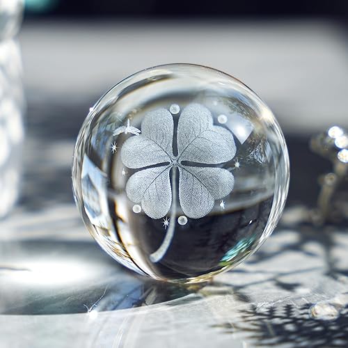 Miniatura 7 de HDCRYSTALGIFTS Bola de cristal de trébol de cuatro hojas de 2.4 pulgadas con soporte de floración chapado en plata, bola de vidrio Fengshui para