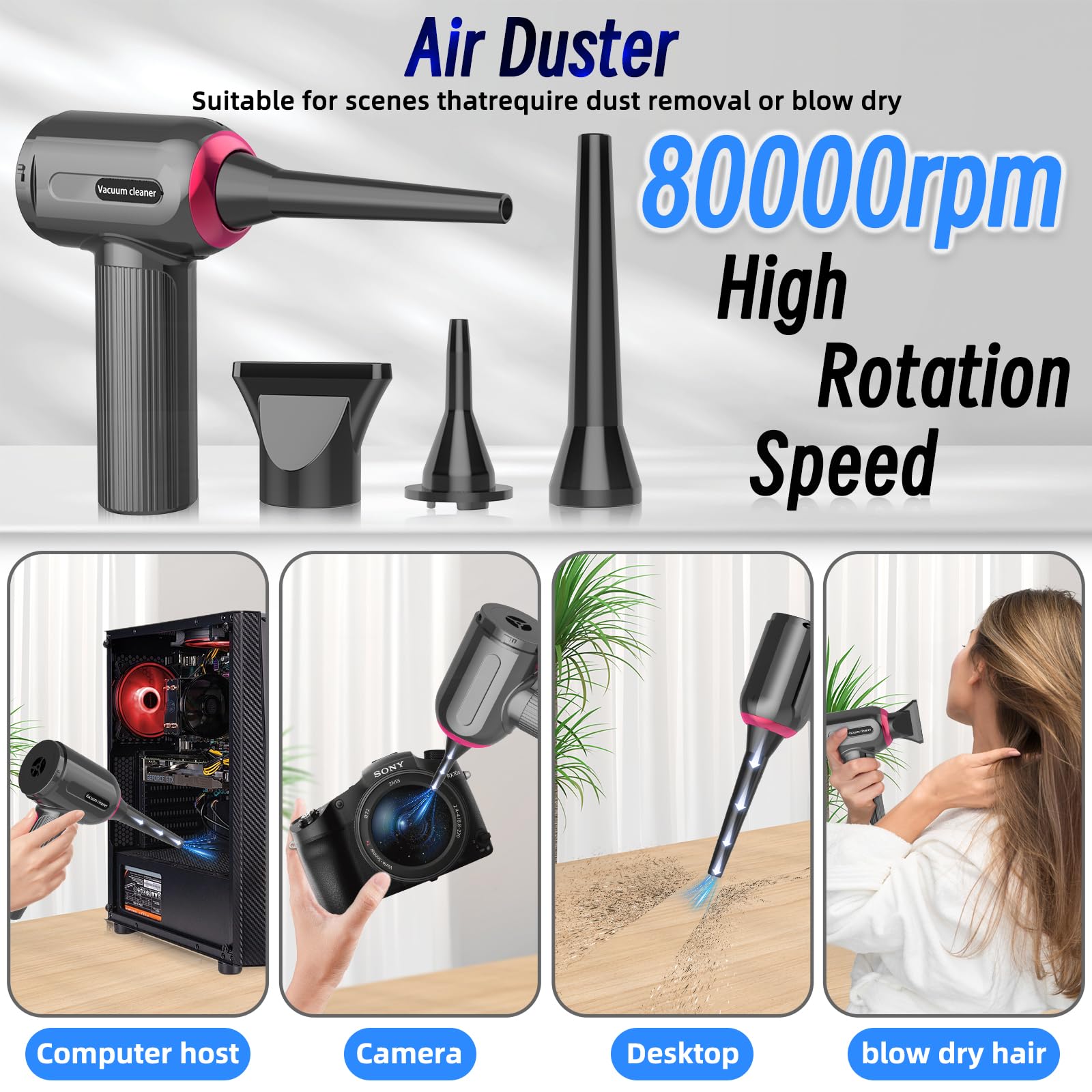 Dealswin 4 in 1 Mini Aspirapolvere per Computer 9 KPA Aspirabriciole Auto Senza Fili, 80000 Giri/Min 3-Gear Soffiatore Portatile Elettrico Rimuovi Polvere Aria Compressa per PC, Divano, Casa, Ufficio