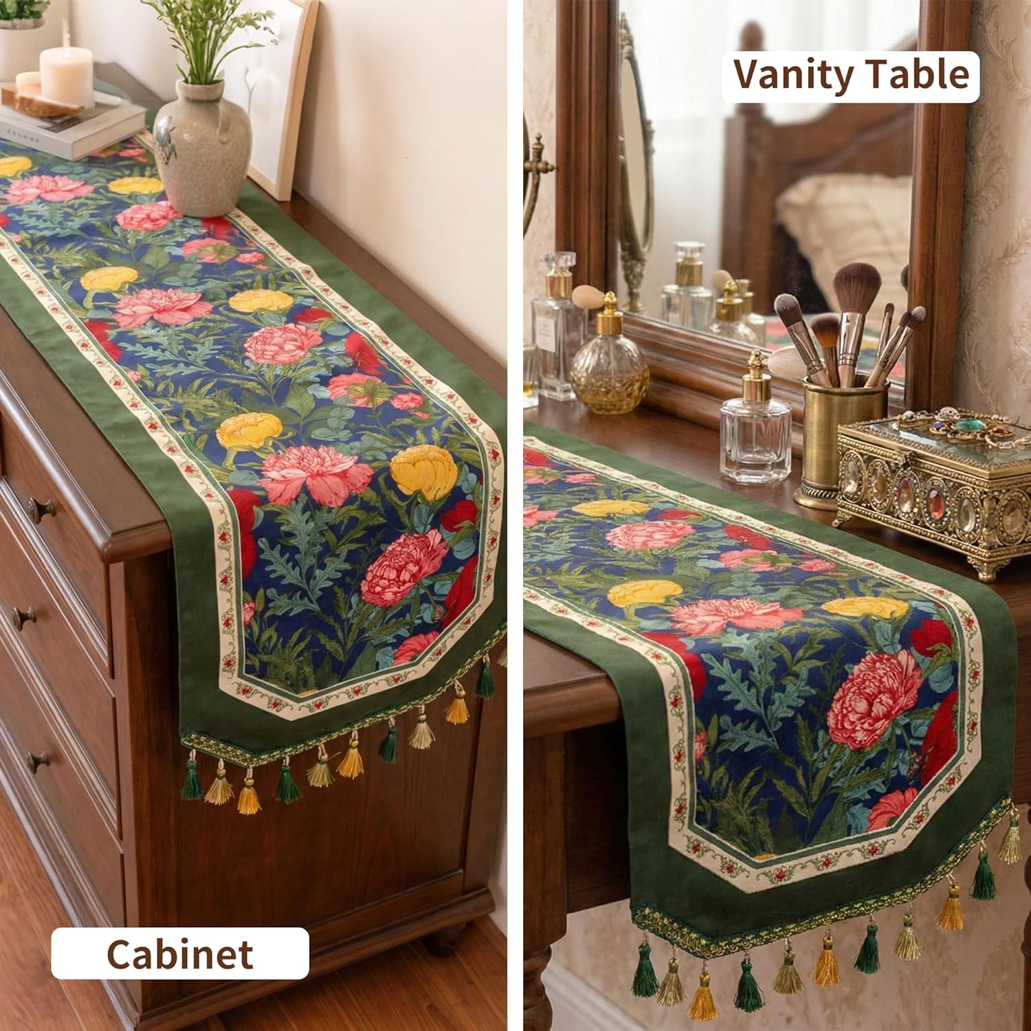 MAGRACE Boho Floral Table Runner - Green Table Runner with Flower Print, Tassel Design, Polyester Fabric Diningroom Decor, Table Centerpieces for Long Dining Table (13.7X86.6 inch, Floral)