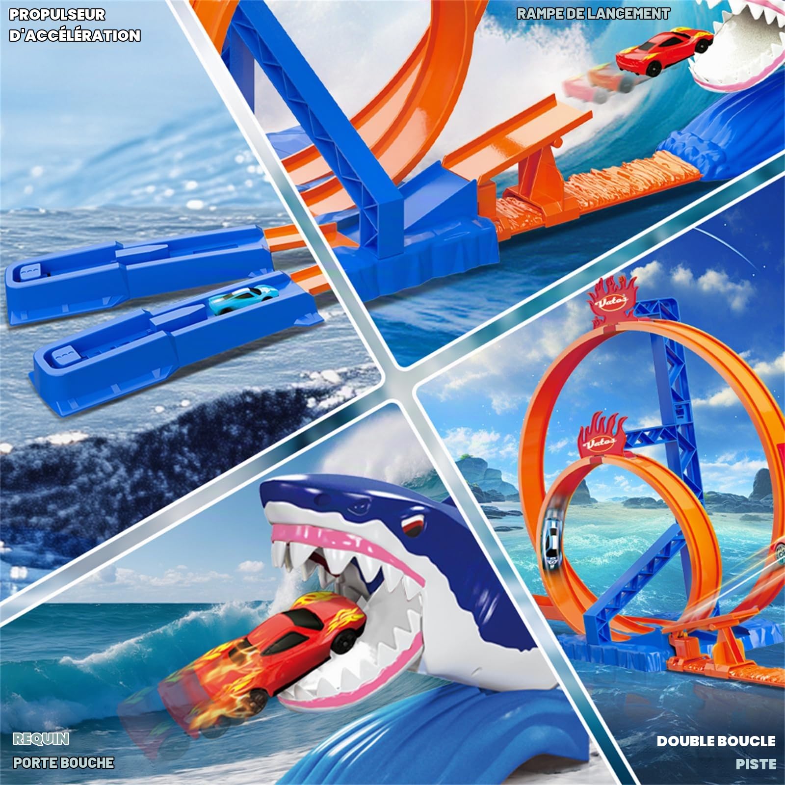 Vatos Circuit de Course Requin pour Enfants avec 2 Voitures de Course & 2 Boucles, Circuit de Cascades à la Catapulte Requin, Jouet Cadeau pour Garçons de 3, 4, 5, 6, 7, 8 Ans
