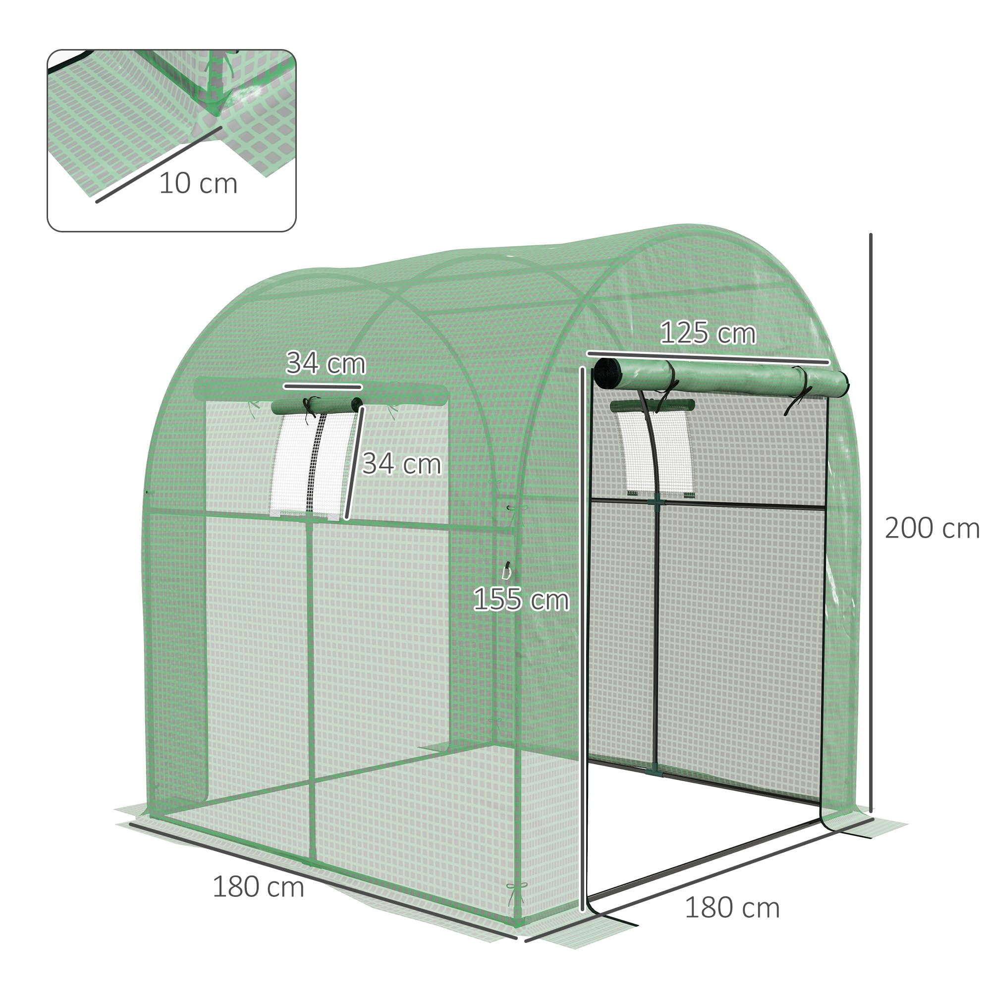 Outsunny Serre de Jardin Serre Tunnel de Jardin 3,24m² PE Haute densité 135 g/m², avec 2 Portes zippées enroulables 2 fenêtres en Maille, pour Toutes Saisons, 180 x 180 x 200 cm, Vert