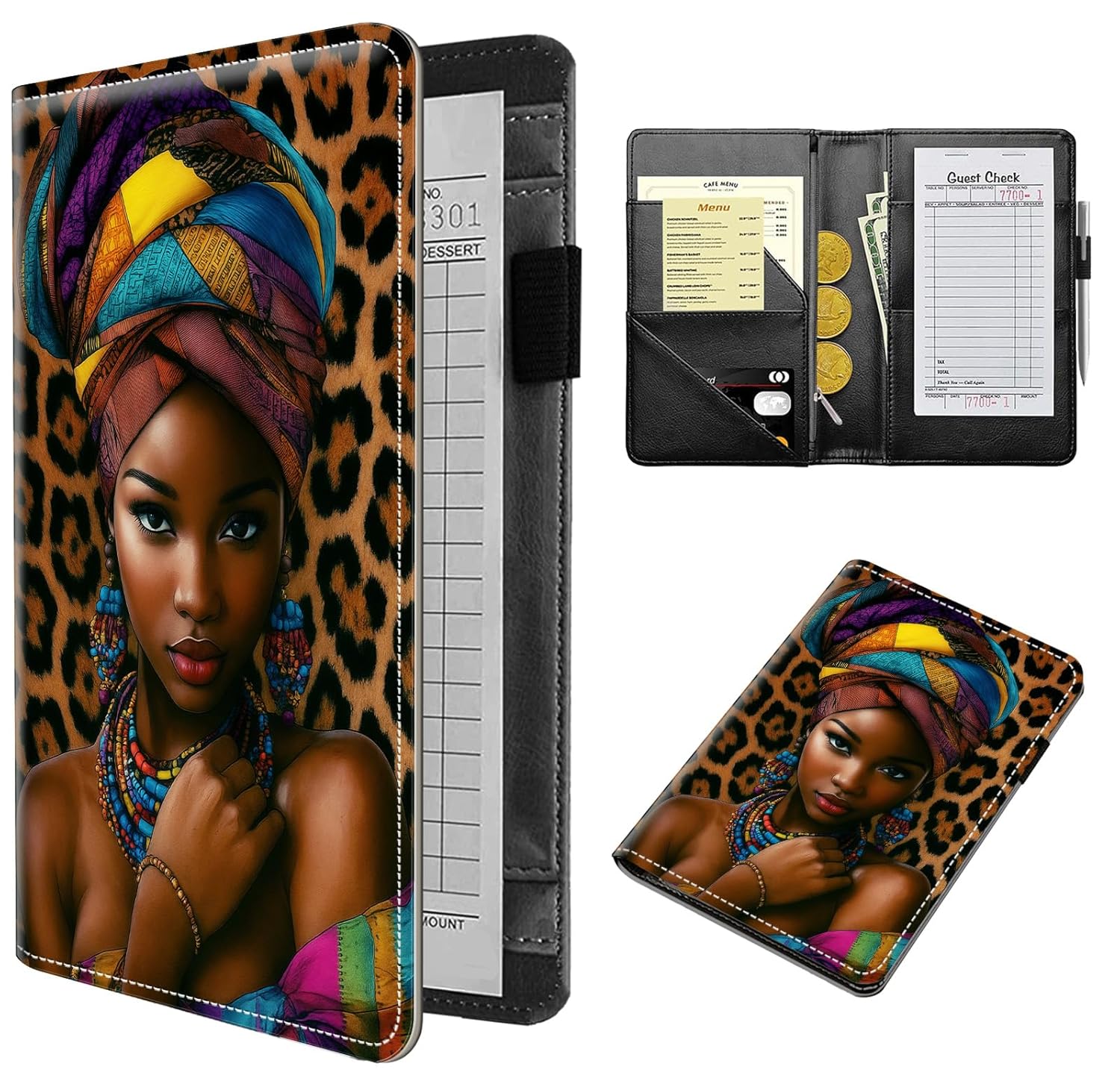 Cute PU Leather Server Book for Waitress, Large Capacity Server Organizer with Zipper Pocket & Pen Holder, Fits Servers Apron, Waterproof Durable ServerBooks for Cash/Receipts, African Woman