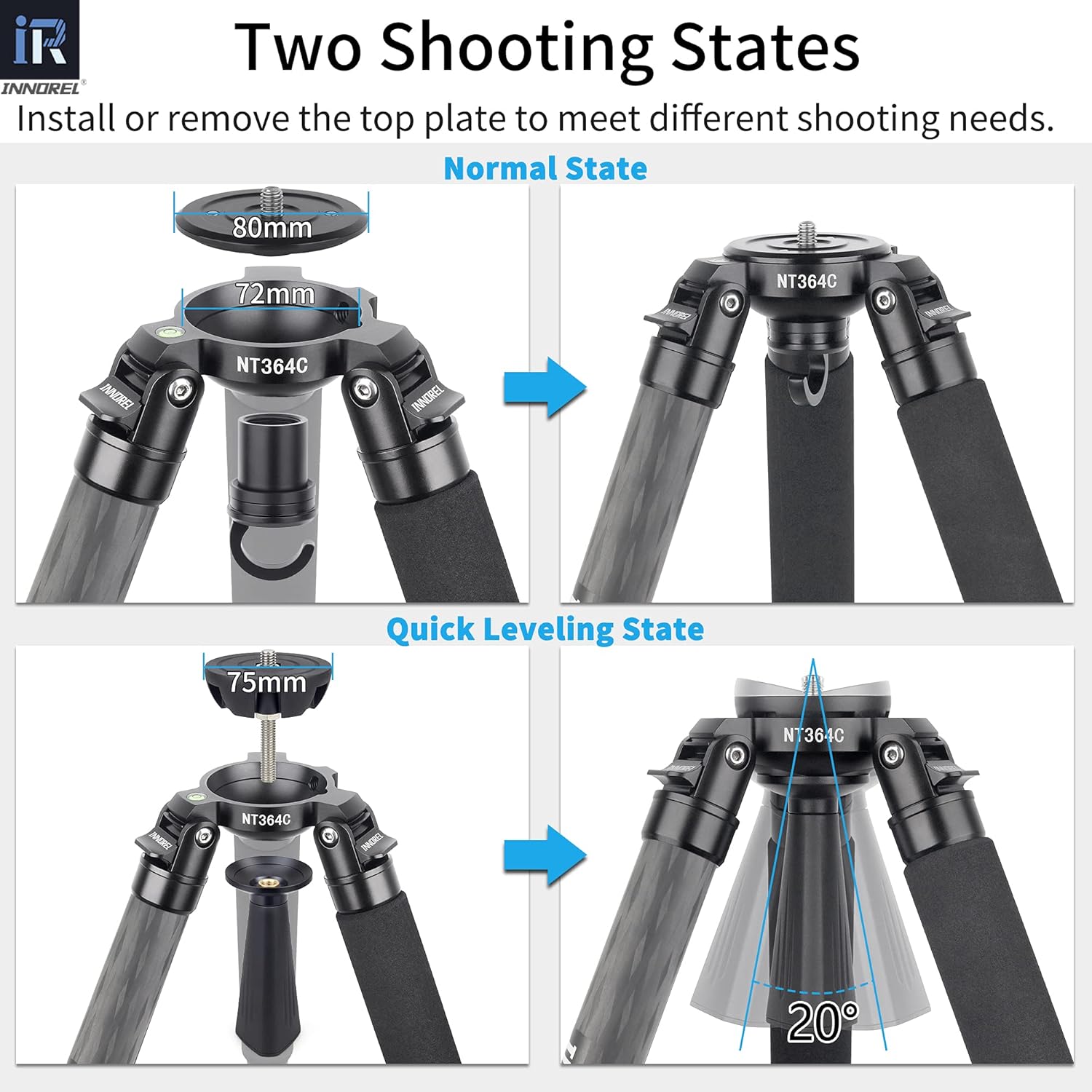 INNOREL NT364C Professional Carbon Fiber Tripod - Heavy Duty Camera Stand, 55lb/25kg Max Load, 75mm Bowl Adapter (Max Tube 36mm)