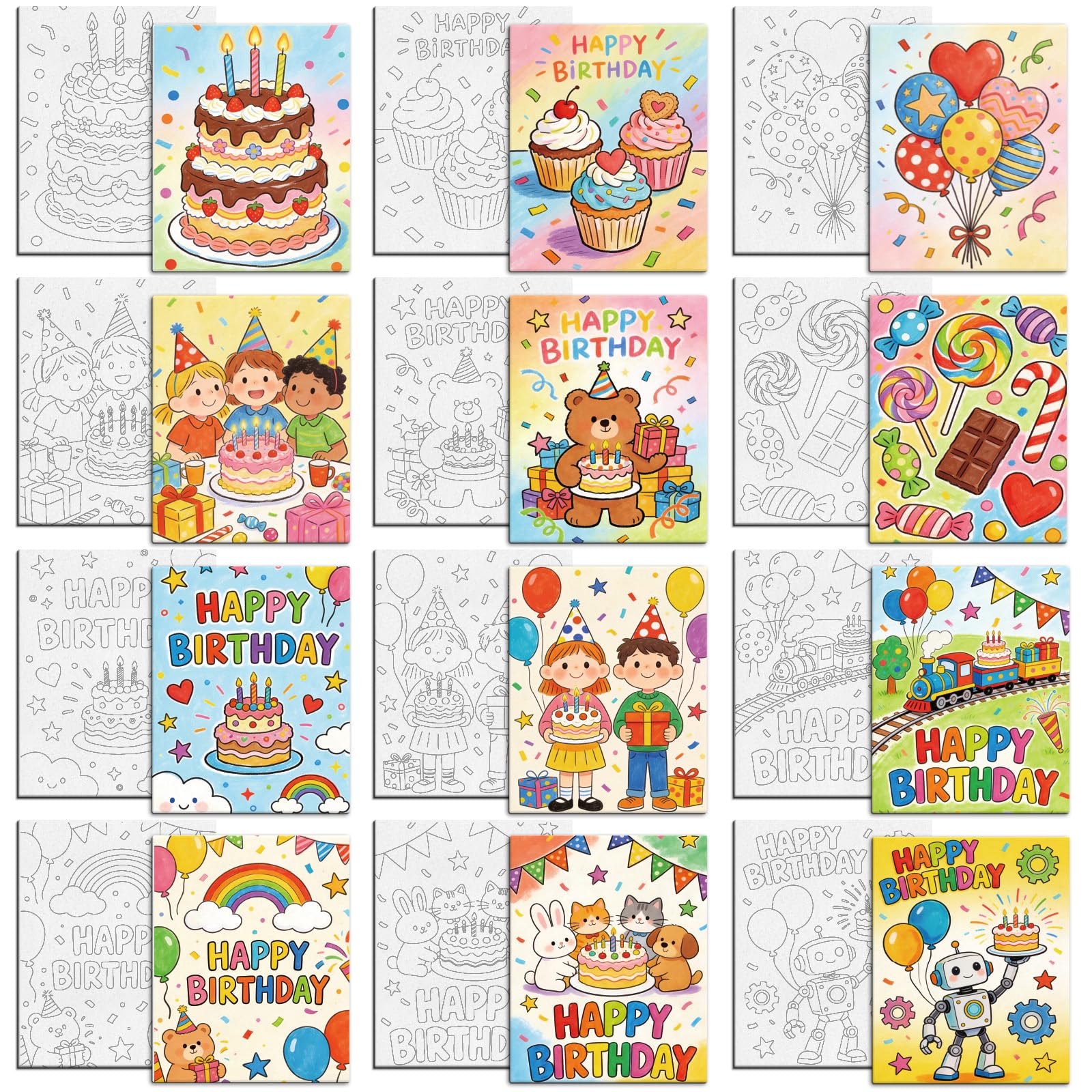 MAYJOYDIY 12 Pcs Birthday Theme Pre Drawn Canvas to Painting Happy Birthday Pre Printed Canvas for Adults 25×20cm Balloon Candy DIY Paint Art Supplies for Beginners Party Gifts