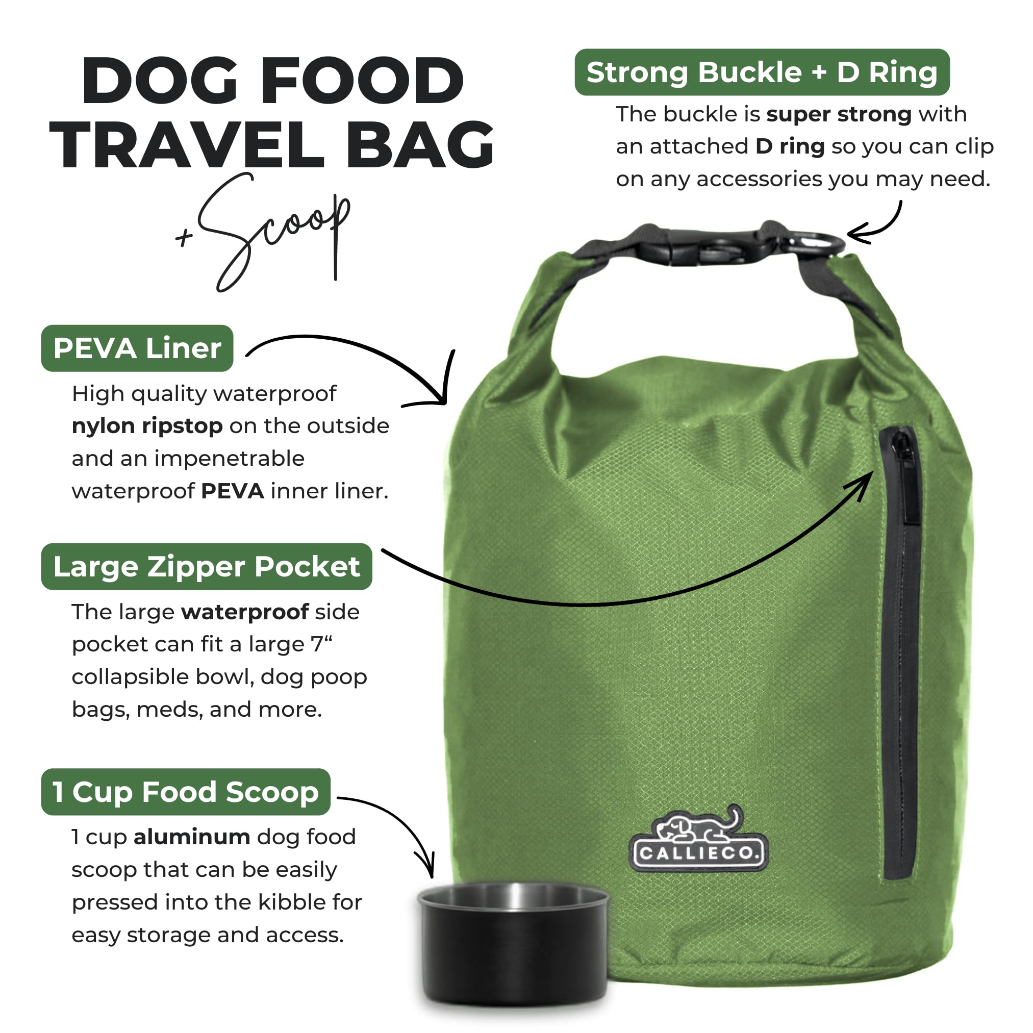 Callieco Hundefutter-Reisetasche mit 1 Tassenschaufel und Reißverschluss-Seitentasche, wasserdichter Aufbewahrungsbehälter für Zuhause, Autoreisen, Camping, Boarding und mehr (Grün, 64 Tassen)