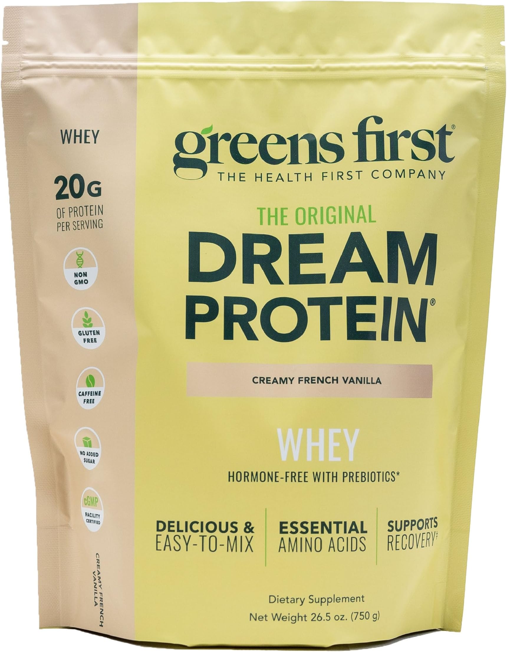 - Greens First Dream Protein Powder Whey - 20g Protein Per Serving - Hormone-Free with Prebiotics - Non-GMO - No Artificial Sweeteners/MSG/Aspartame (Creamy French Vanilla, 26.5 oz)
