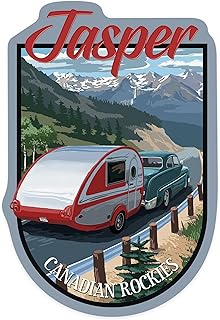 Die Cut Sticker Jasper, Canada, Canadian Rockies, Retro Camper, Vinyl Sticker, (Waterproof Decal for Cars, Water Bottles, Laptops, Coolers), Small