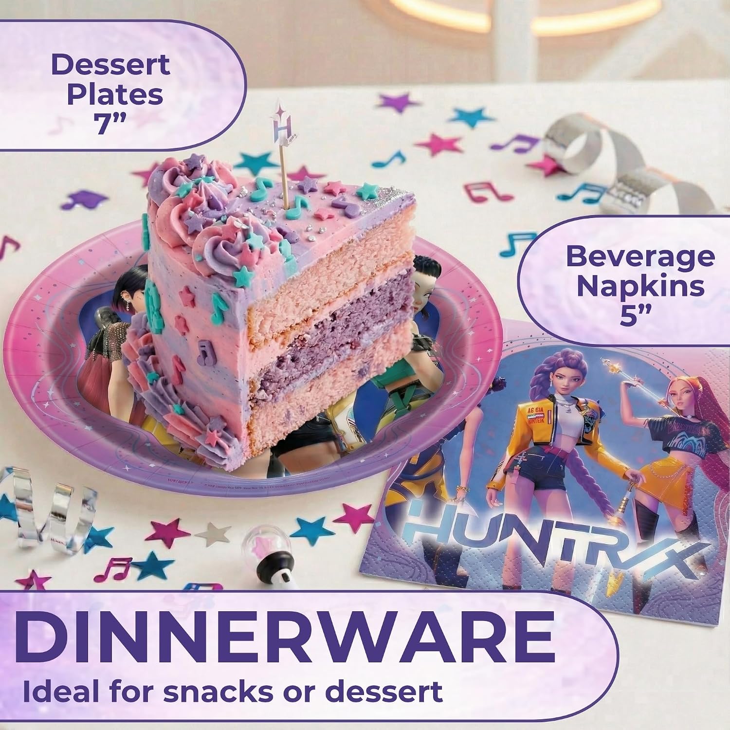 Unique 16 Pack KPop Demon Hunters Dessert Sized Plates and Napkins - 16 Cake Plates 7", 16 Beverage Napkins - Officially Licensed KPop Demon Hunters Birthday Decorations and Party Supplies