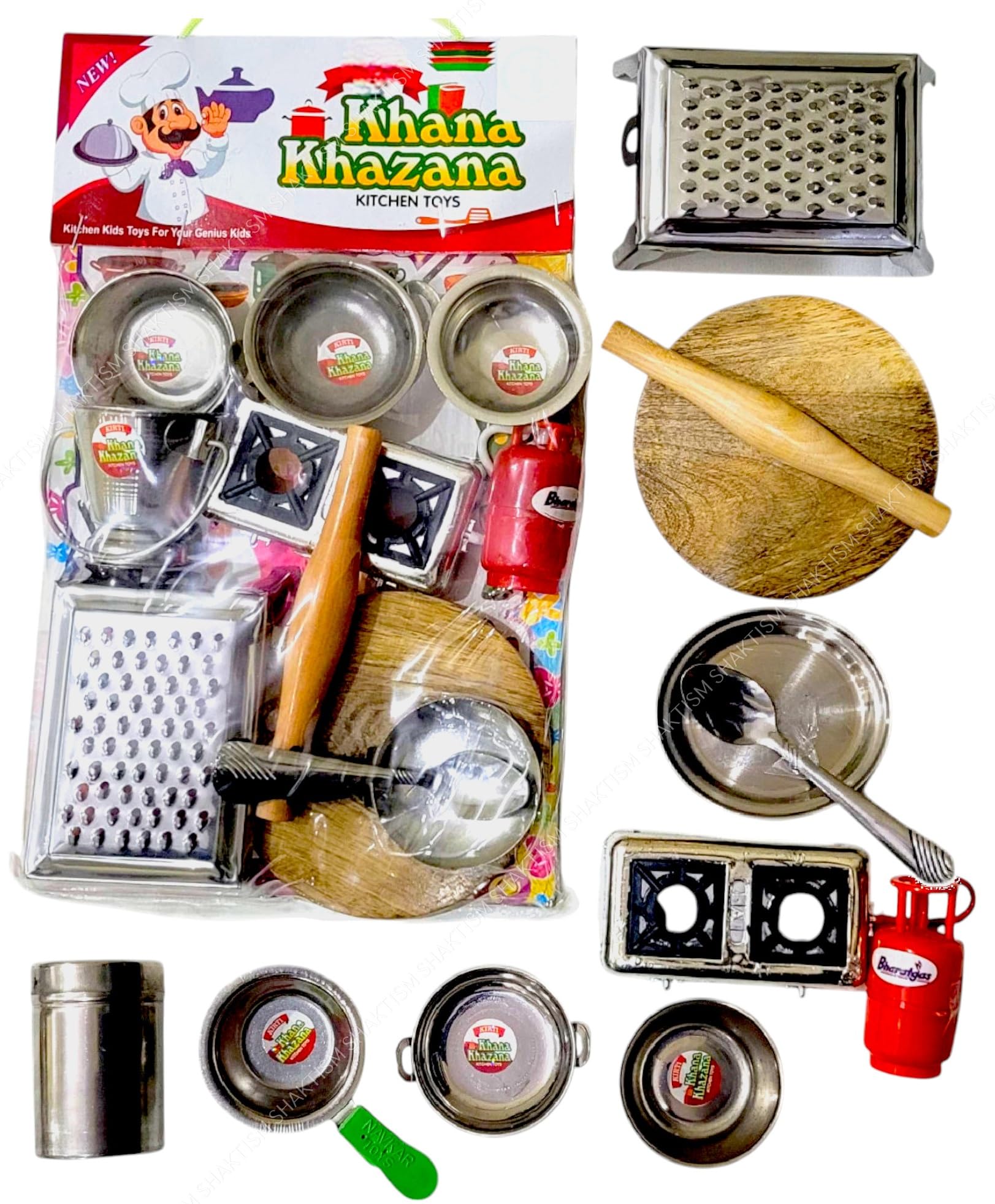 SHAKTISM Steel Kitchen Set Toys for Kids, Role Playing Kitchen Set of Stainless Steel with Wooden Chakla Belan Set, Master Chef Role Playing Kitchen Set Master Chef for Kids (Kitchen Set No-Zero)-image-10