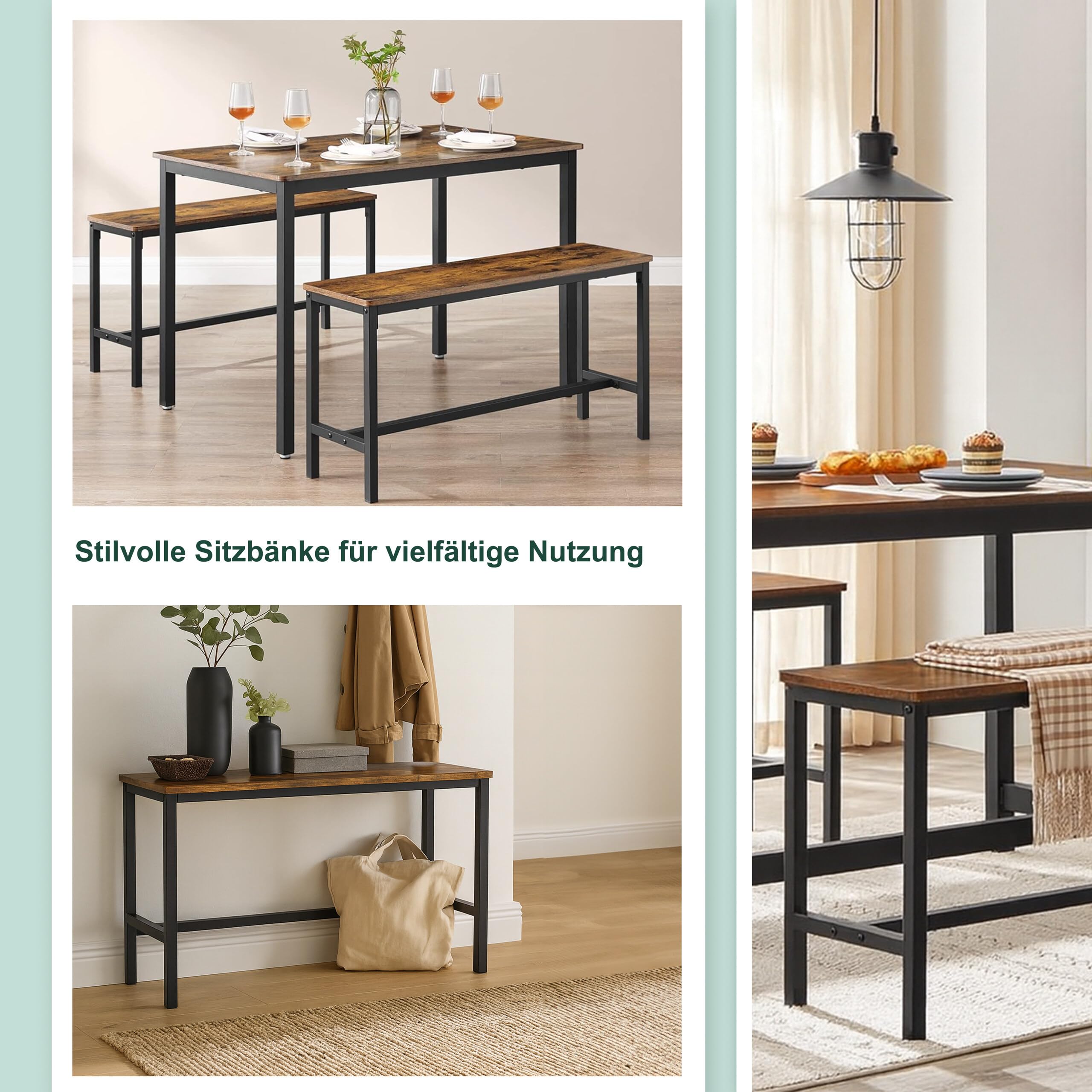 Relaxdays Sitzbank 2er Set, Esszimmer, platzsparende Essbank, HBT: 51x108x32 cm, Küchenbank, Metall, Industrial/Schwarz