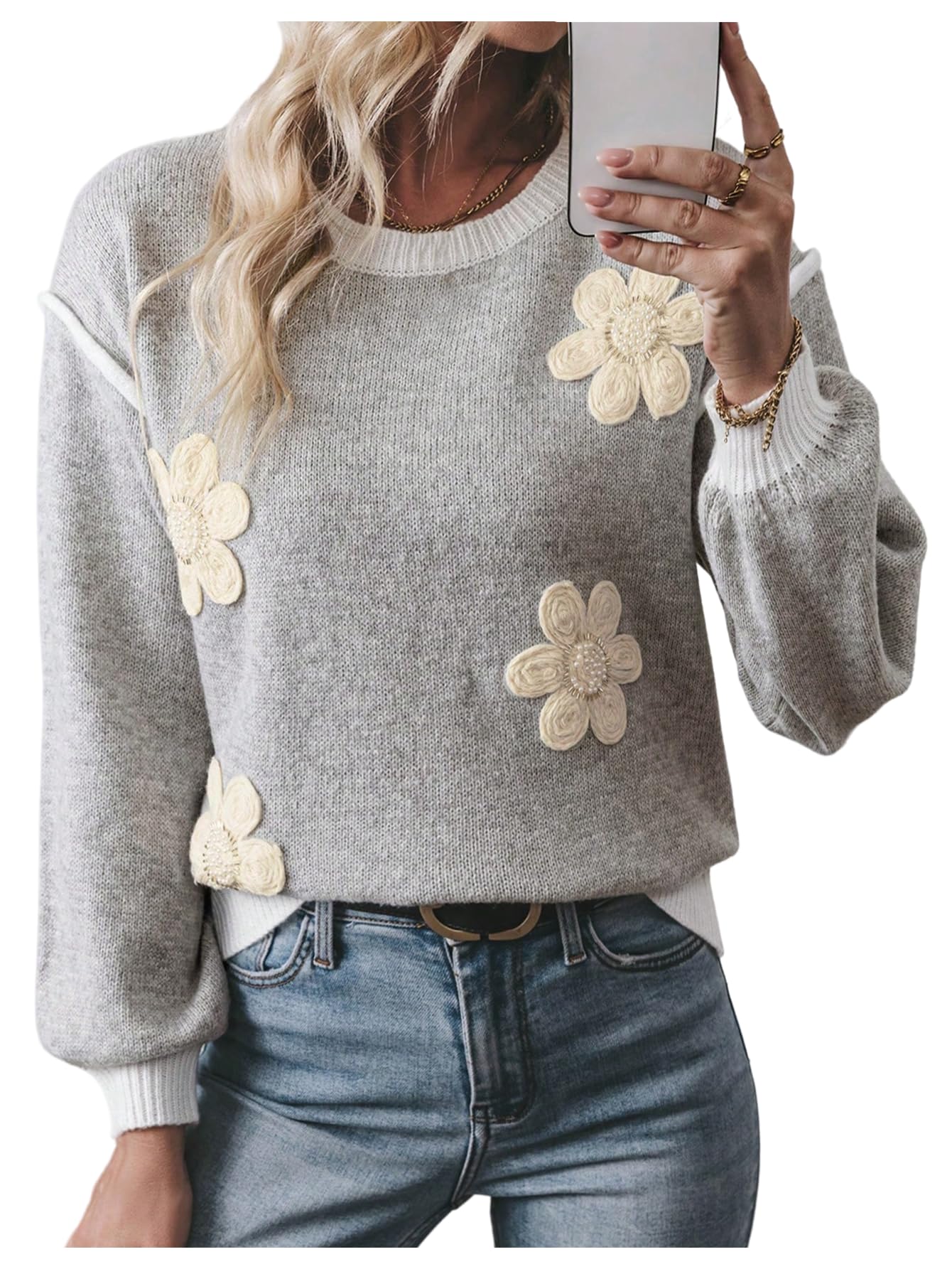 RoseSeek Women's 3D Floral Appliques Sweaters Long Sleeve Knit Tops