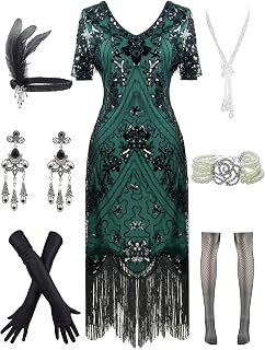 Women's 1920s Sequins Flapper Gatsby Cocktail Dress with 20s Headband Accessories Set