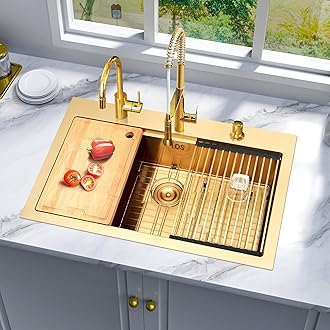 LQS Gold Kitchen Sink with 3 Holes, Kitchen Sink 33x22 Drop In, 33 Inch Large Top Mount Stainless Steel Handmade Sturdy 16 Gauge T304 with Abundant Accessories, R10 Round Corner