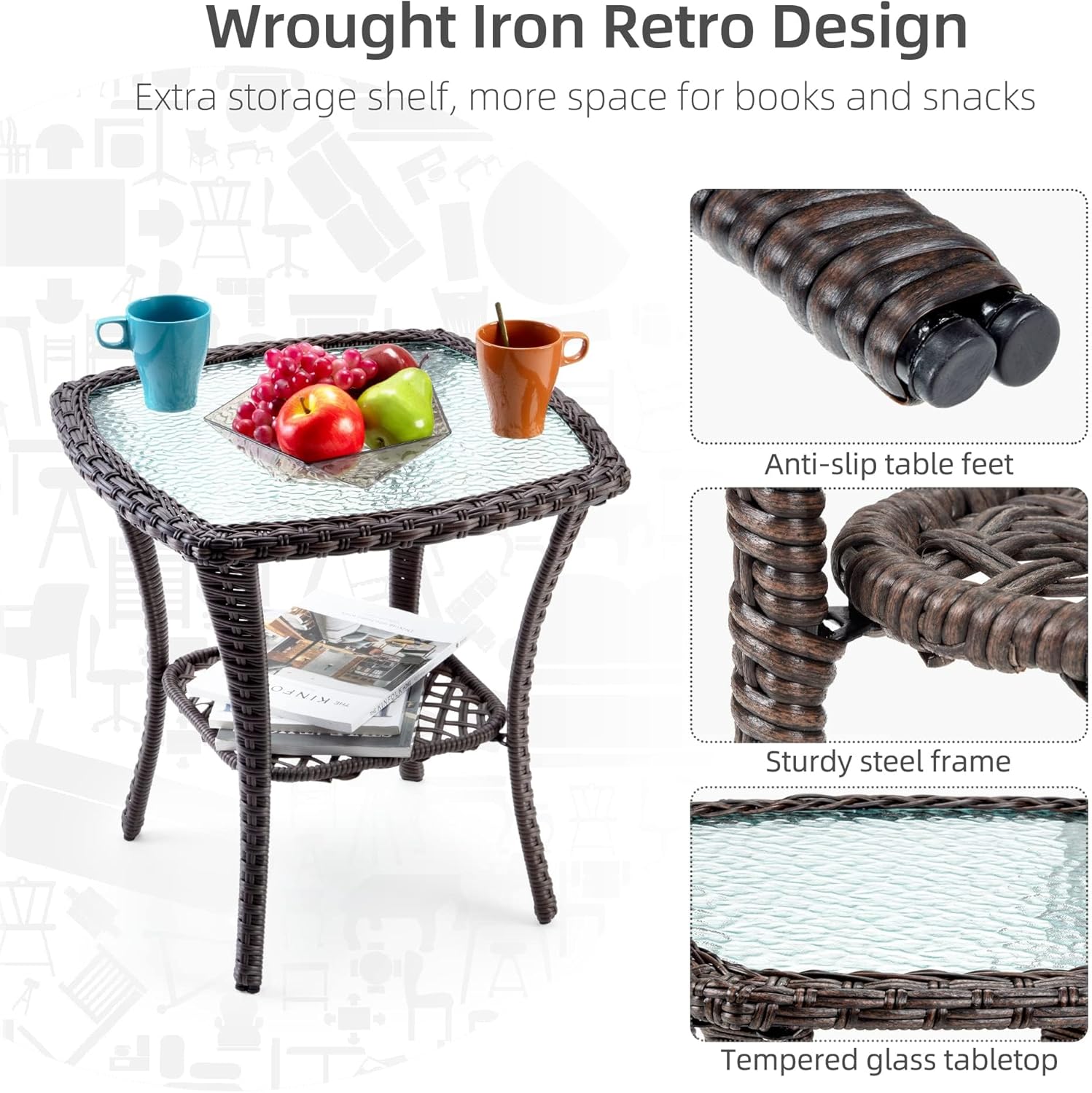 Outdoor Porch Chairs with Table, 3-Piece Wicker Glider Rocking Chair Set, 360° Swivel Patio Furniture with 4" Thick Cushions for Porch, Deck, Balcony