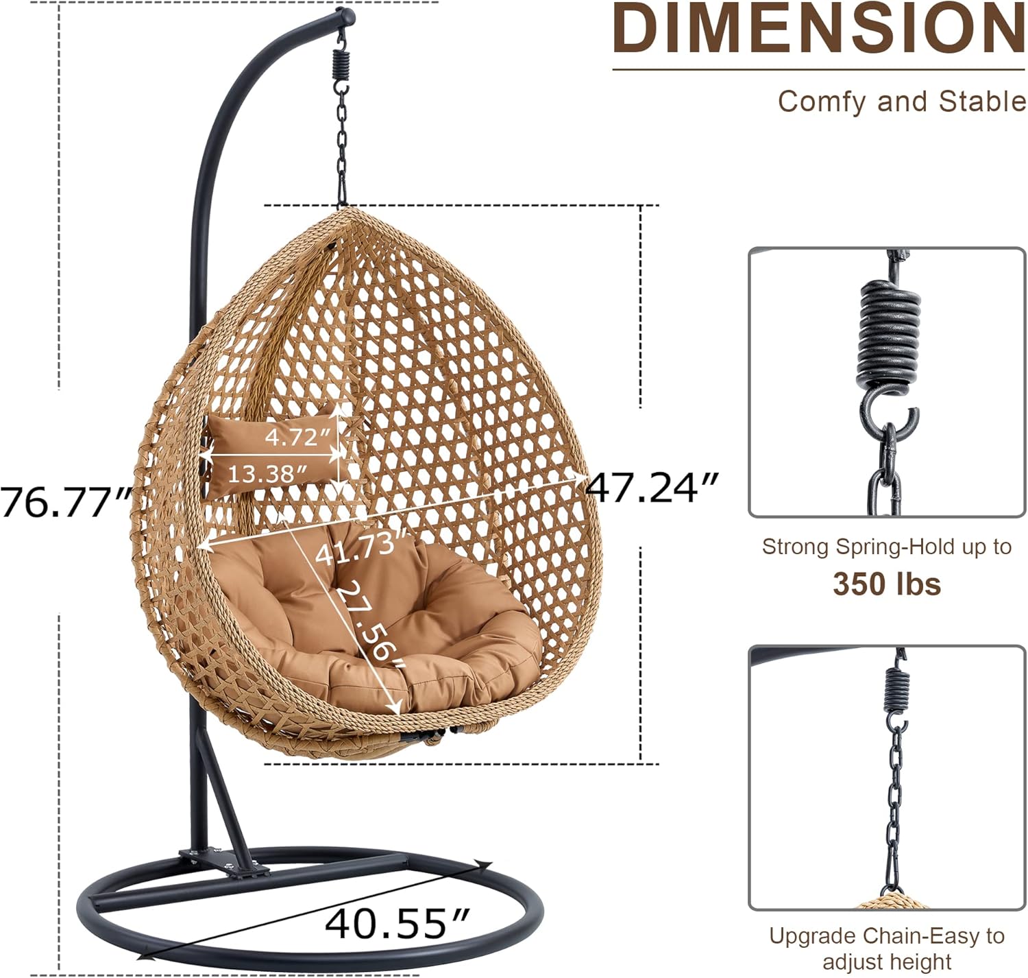 Egg Swing Chair with Stand,Swing Egg Chair with Stand, Rattan Hanging Egg with Soft Cushion, Outdoor Hanging with Foldable Basket & Metal Stand for Bedroom Patio (Light Brown)