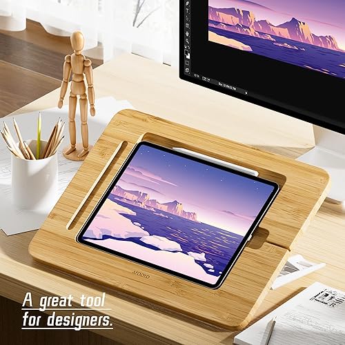 Miniatura 9 de Soporte de madera para dibujo y tableta, portátil y ajustable, 5 ángulos para laptop, elevador de soporte para laptop, soporte de lectura de libros,