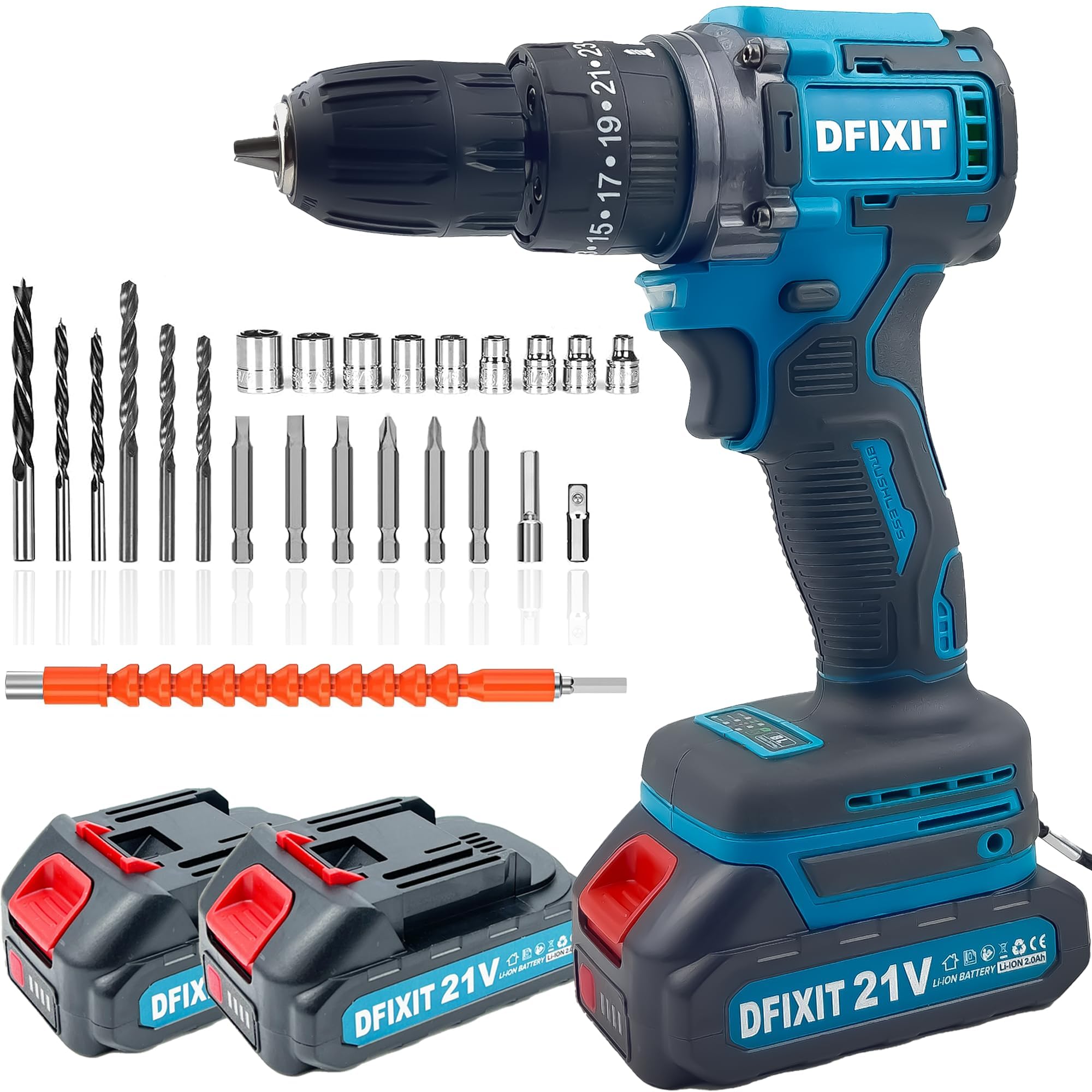 DFIXIT 電動ドライバー 電動ドリル 電動ドリルドライバー 25+3段階のトルク調整 インパクトドライバー 電動 ドライバー 充電ドライバー LED照明機能 ドリルドライバー 電動工具セット 電気ドリル 21Vバッテリー2個 無段変速 速度調整 正逆調整 インパクト機能