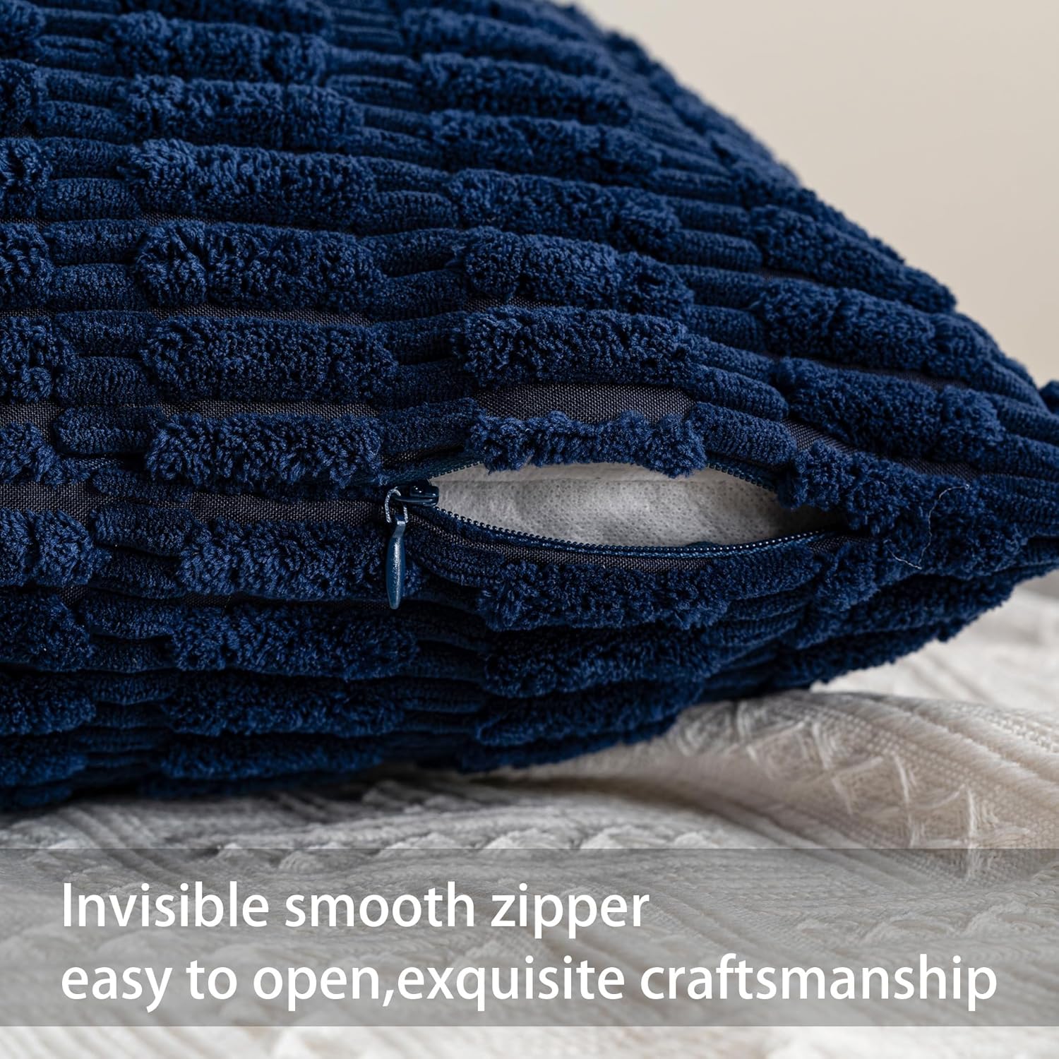 Pack of 2 Corduroy Decorative Throw Pillow Covers 18x18 InchSoft Boho Striped Pillow Covers Modern Farmhouse Home Decor for Sofa Living Room Couch Bed（Blue） - Image 3