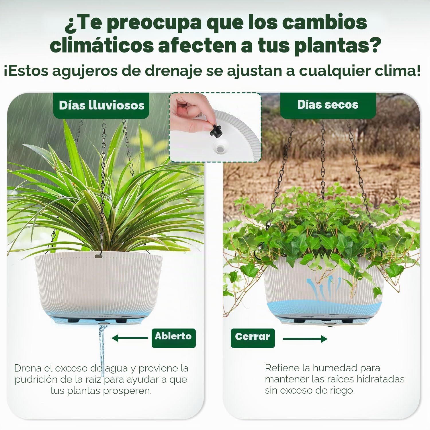T4u Maceta Colgante 20 cm Pack de 2 con Drenaje para Exterior Blanco | Diseño estriado, cadena resistente, plantas verdes, flores, balcón, ventana, hogar, oficina, ahorro de espacio, decoración