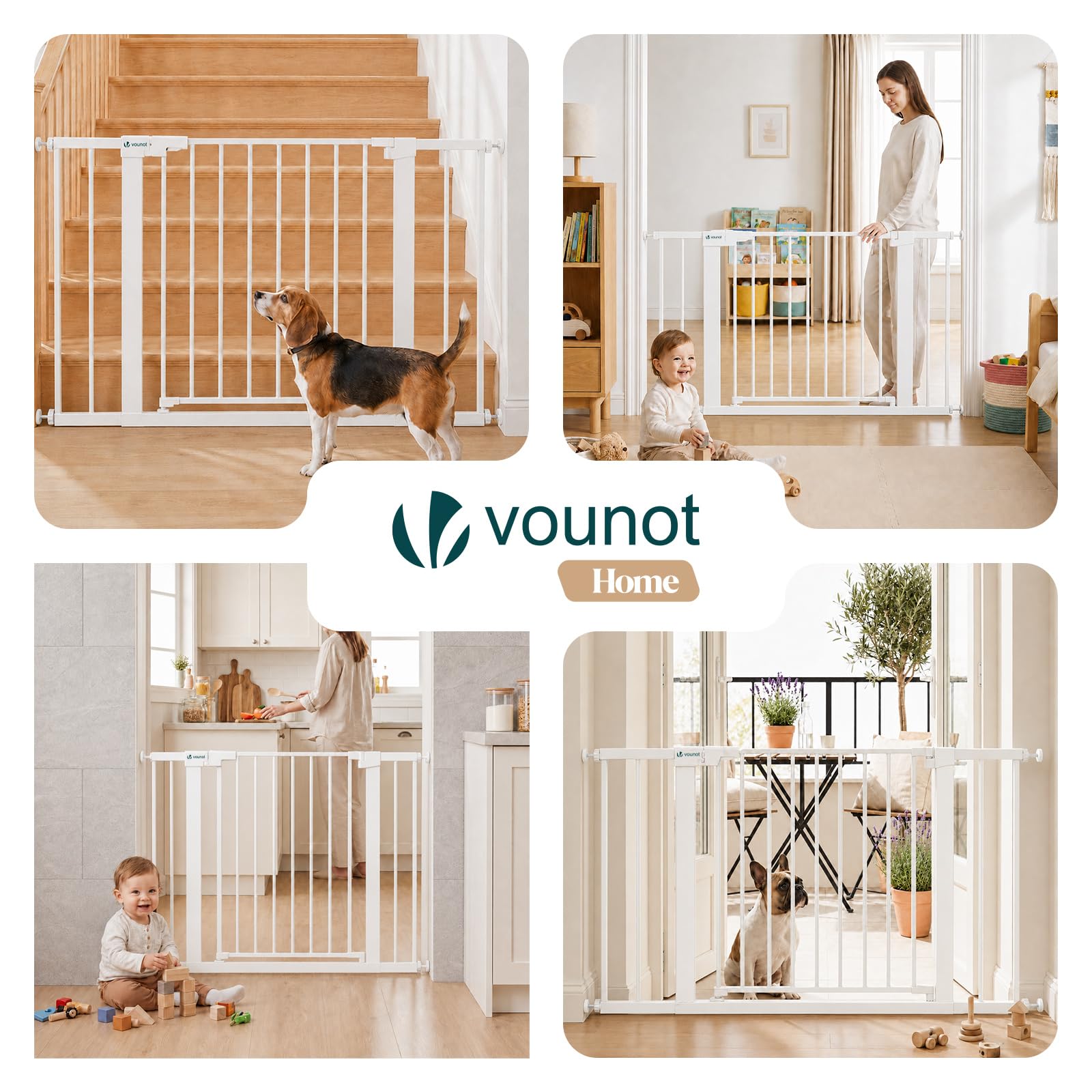 VOUNOT® Cancelletto di Sicurezza per Bambini in Metallo 103-110 cm, Barriera per Scale a Pressione Senza Foratura Altezza 76 cm, Chiusura Automatica con Doppio Blocco, Apertura Bidirezionale, Bianco