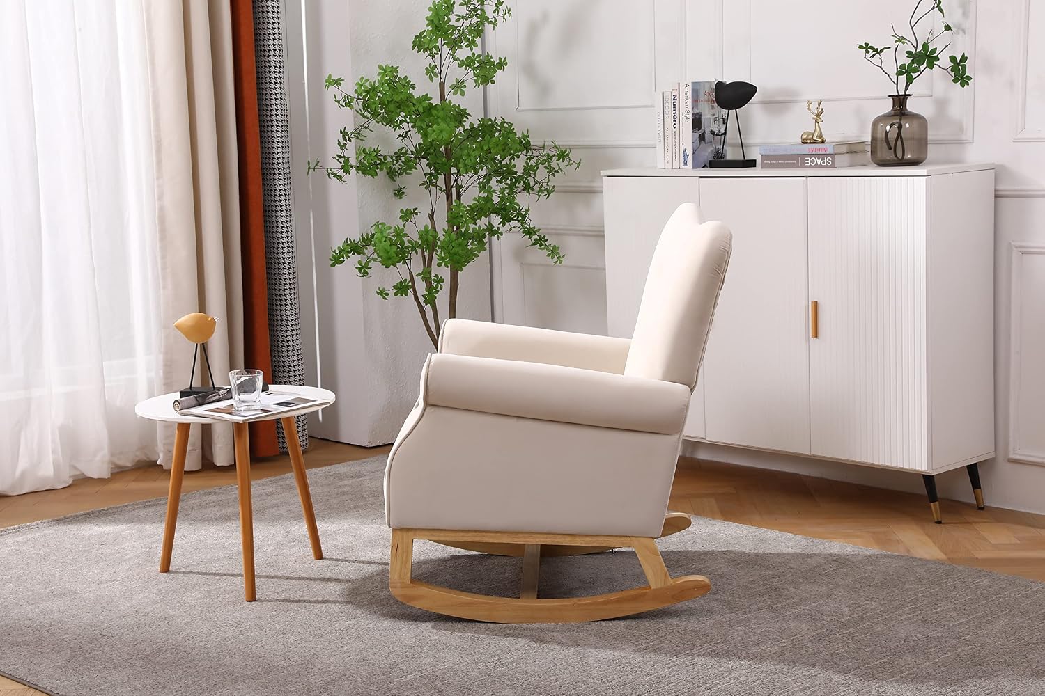 Baby Room High Back Rocking Chair Nursery Chair, Comfortable Rocker Fabric Padded Seat,Modern High Back Armchair WC604