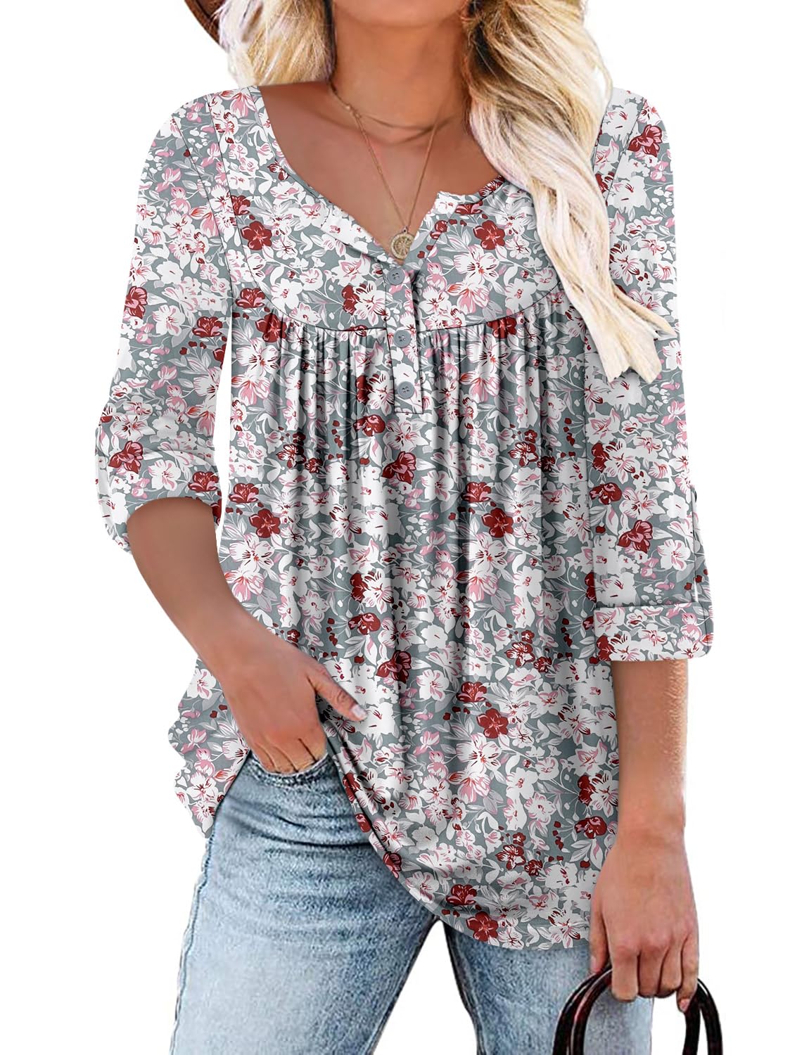 KISSMODA Ladies Pleated Tunic Tops for Women Buttons up Long Sleeve Shirts Floral Print — view 7