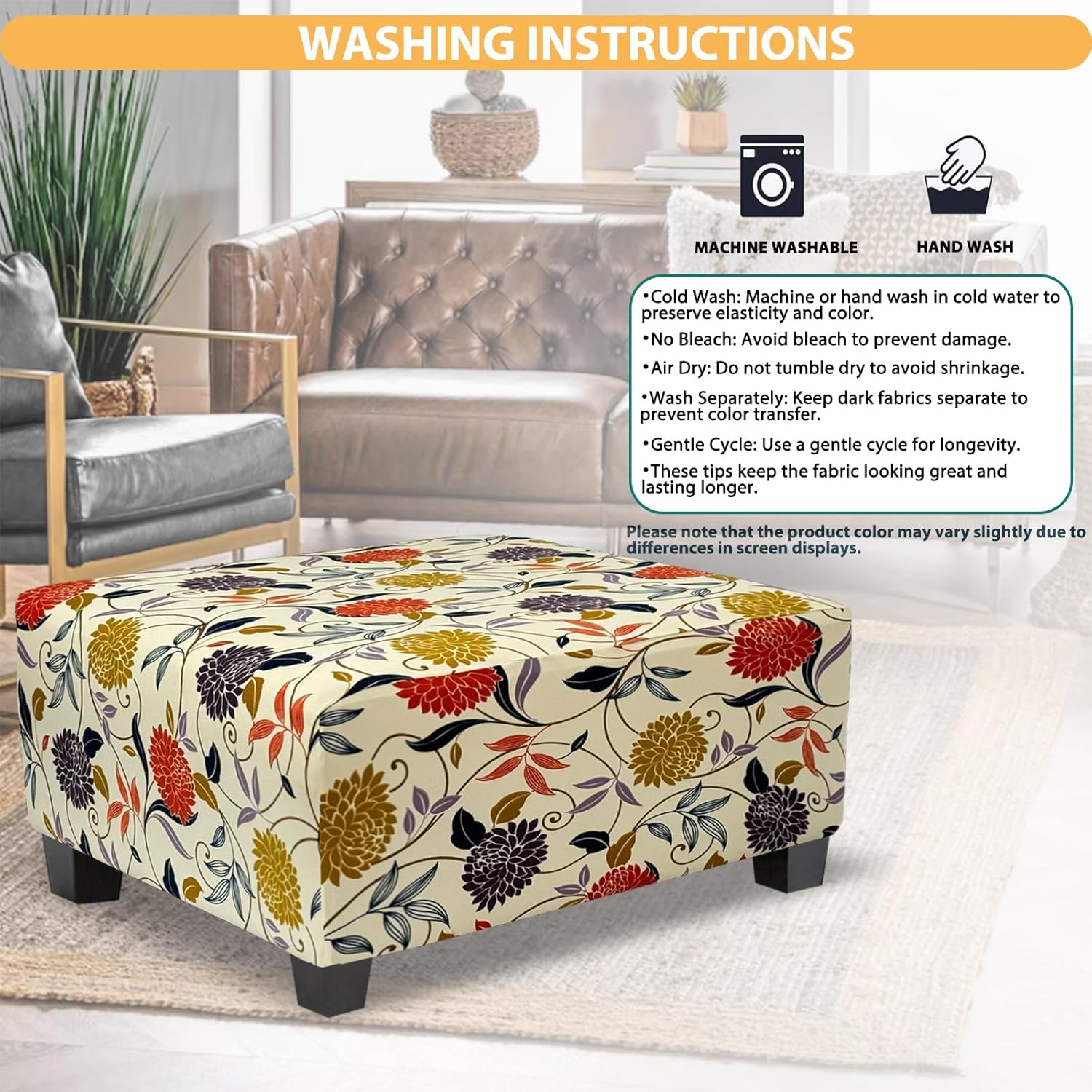 Ottoman Cover Rectangle Printed,Stretch Slipcover for Rectangular Footstool,Soft Fabric with Non-Slip Elastic Bottom,Furniture Protector for Living Room or Bedroom,X-Large,Flower B