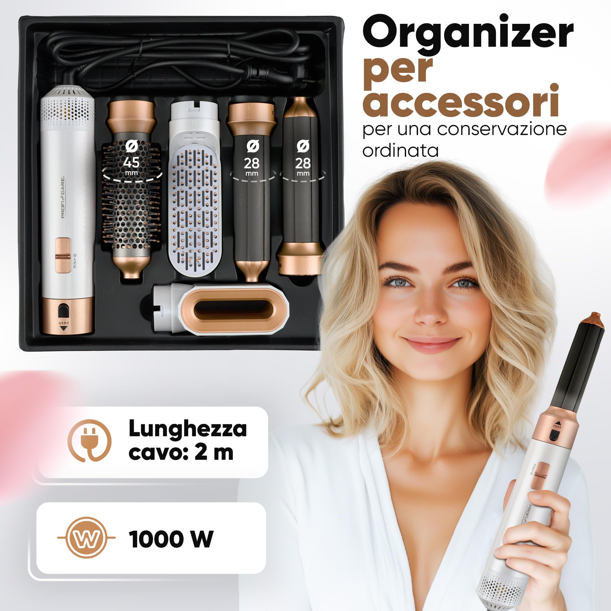 ProfiCare® spazzola ad aria calda, spazzola asciugacapelli, 4 in 1 - styler, piastra per capelli, spazzola phon 1000 W con 3 livelli, con organizer, PC HAS 3132 bianco rosé