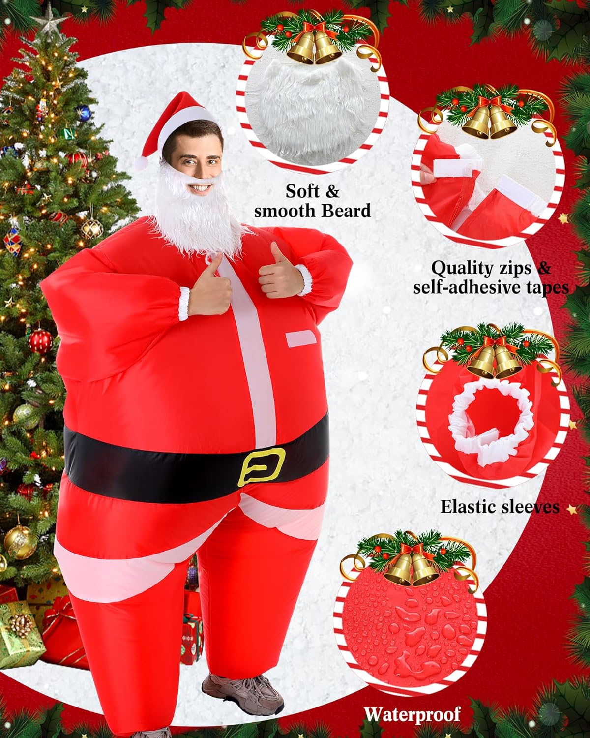 Inflatable Christmas Santa Claus Suit Santa Blow up Costume Inflatable Xmas Costume Cosplay Party Funny Clothes with Beard Hat Blower for Adult Men Women - Image 3
