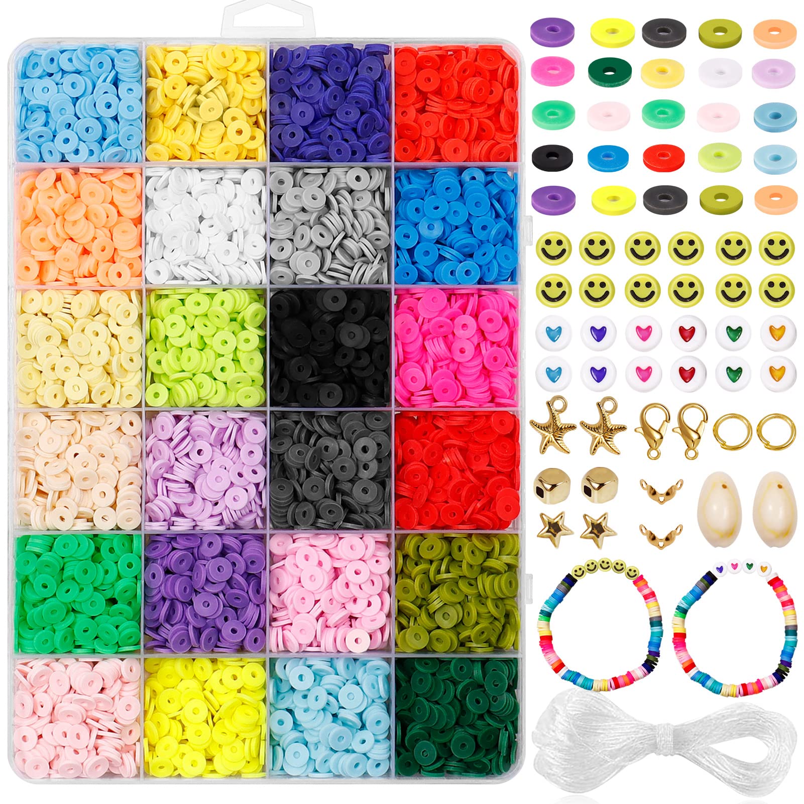 6000Pcs Clay Beads for Bracelets Making, WOHOOW 6mm 24 Colors Flat Polymer Clay Beads for Jewelry Making Bracelets Necklace Earring DIY Craft Kit with Alphabet Beads, Making 40-60 Packs Bracelets