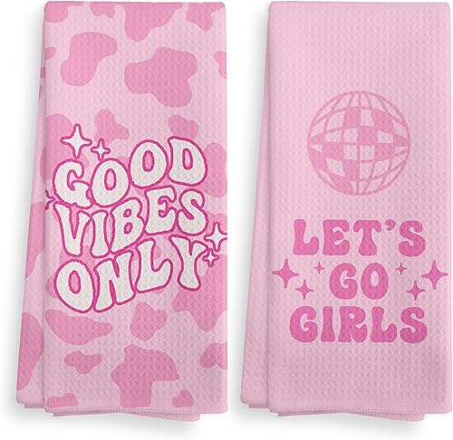 Miniatura 14 de Let's Go - Juego de 2 toallas de baño con bola de discoteca de color rosa intenso, paños de secado absorbentes para niñas, toallas de té para Rosa