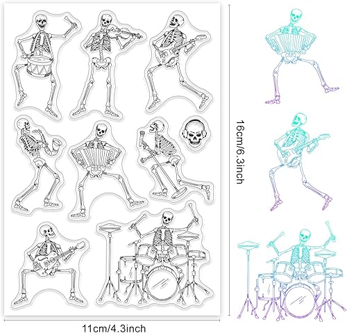 Miniatura 2 de CRASPIRE Sellos de goma transparentes de calavera musical y esqueleto de Halloween, sellos de silicona transparentes para hacer tarjetas, palabras