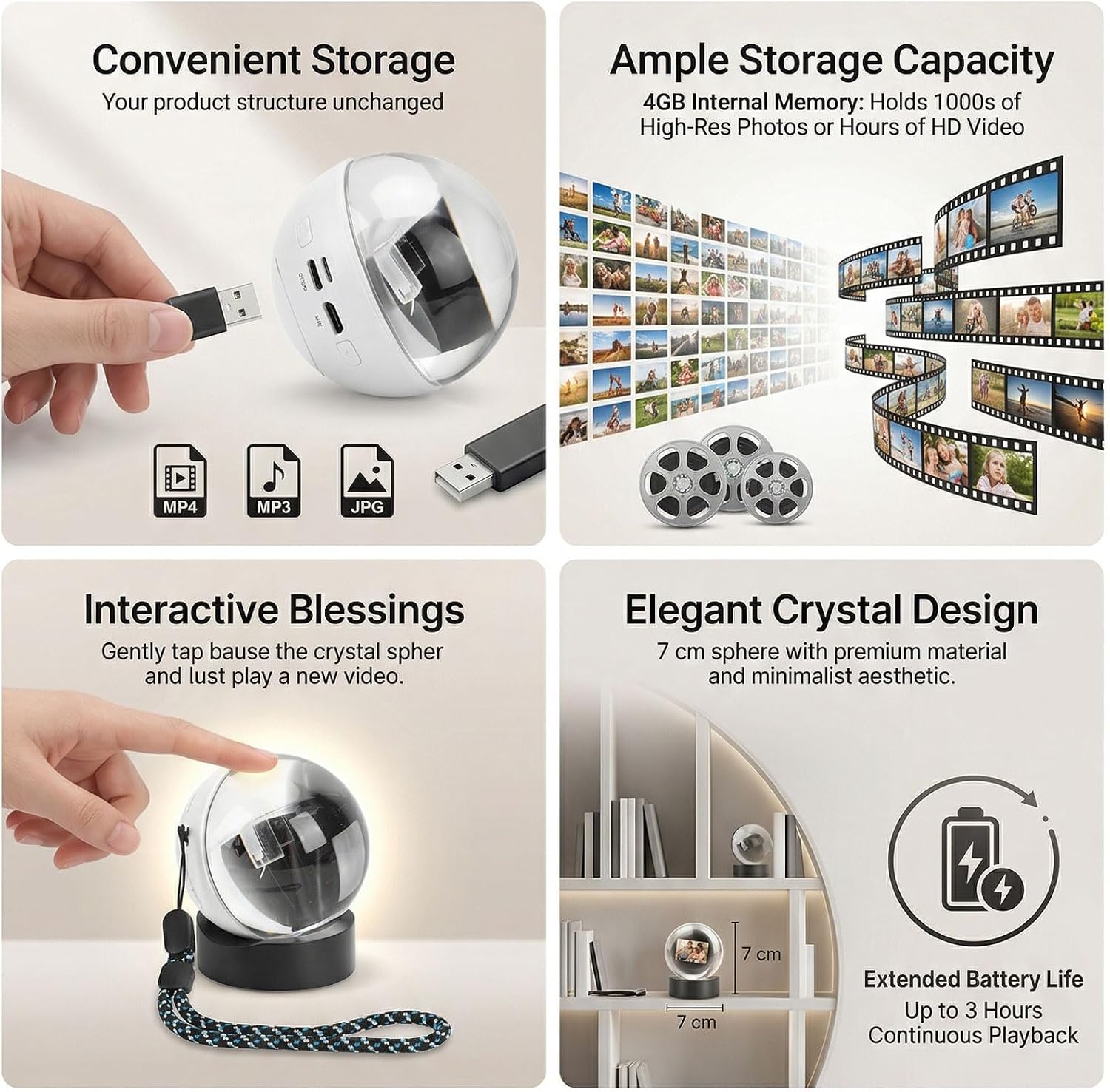 Tangxi Memory Orb Video Player, 4GB Uploadable Videos & Photos, 2.8 Inch Personalized Unique Desk Night Ornament for Anniversary, Birthday, Wedding