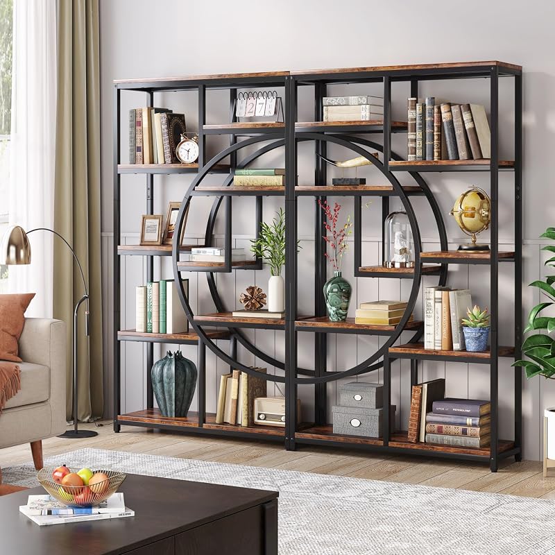 Tribesigns Bookshelf Industrial Etagere Bookcase (Rustic Brown, 2 Pack) | 5-Tier Freestanding Tall Bookshelves Display Shelf Storage Organizer with 9-Open Storage Shelf for Living Room, Bedroom