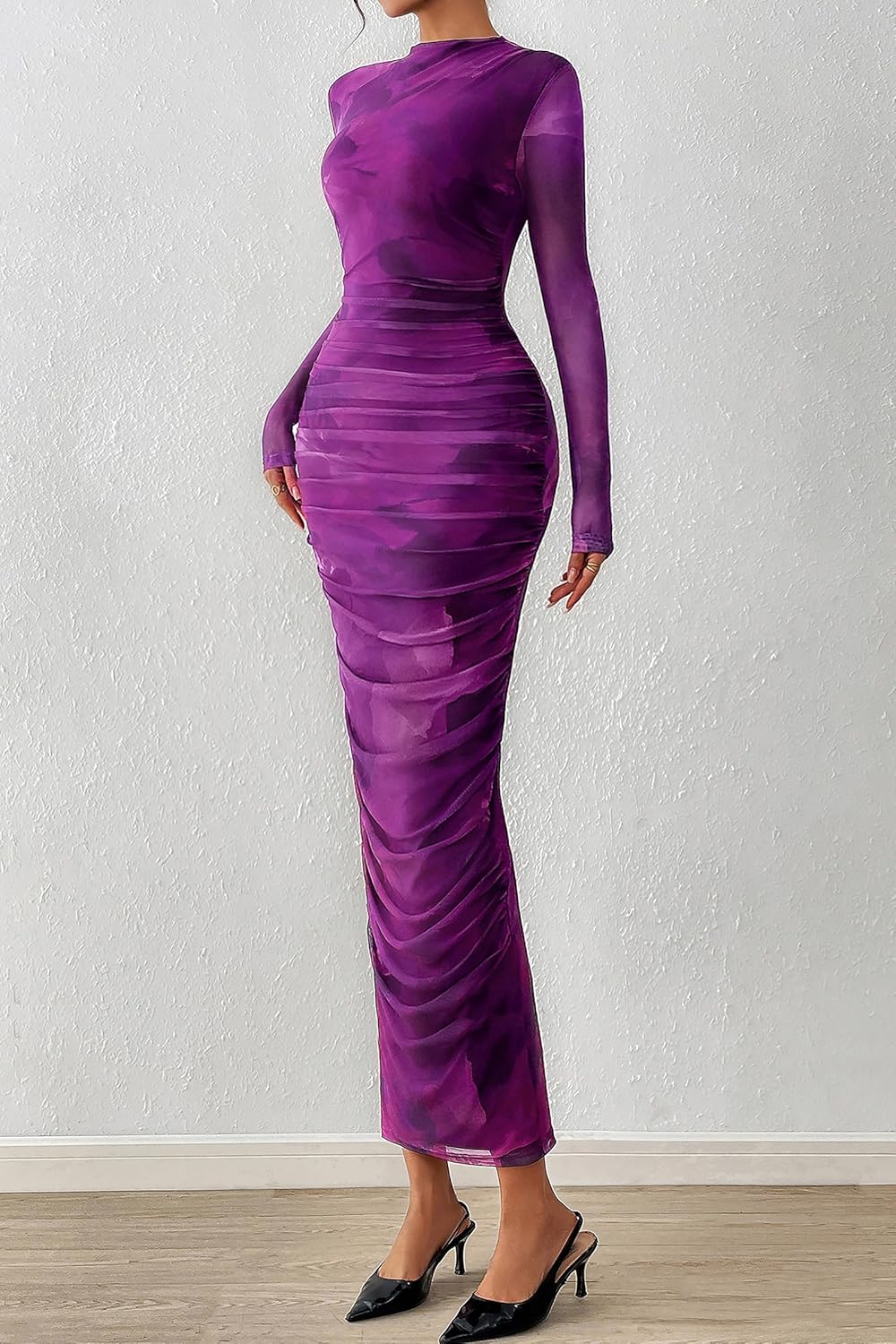 PRETTYGARDEN Womens Long Sleeve Maxi Dresses 2026 Spring Ruched Bodycon Floral Mesh Formal Wedding Guest Cocktail Party Dress - Image 4