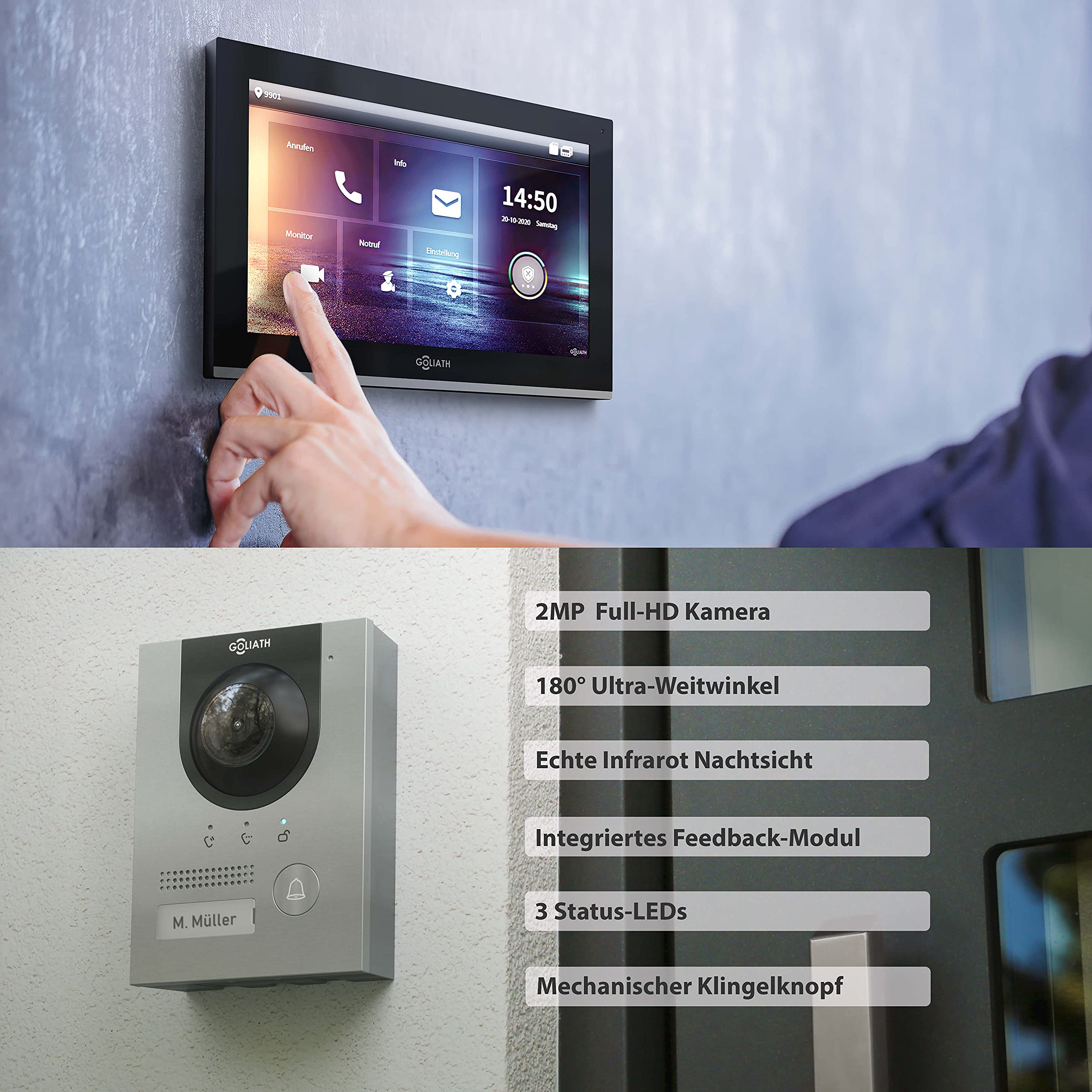 Goliath Hybrid | IP | Full-HD Video Türsprechanlage | App | 1-Fam | 2 x Full-Touchscreen 25,4 cm (10") | Aluminium Aufputz Türstation | 180° Ultra-Weitwinkel | AV-IPS-119