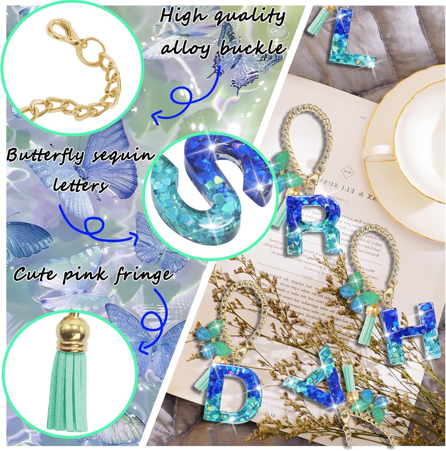 XIANGYUAN 8PCS Cup Accessories Set,Straw Cover Cap for Stanley Cup 30oz or 40oz,Sticker for Stanley Decorations,Initial Letter Charm Personalized (Blue A)