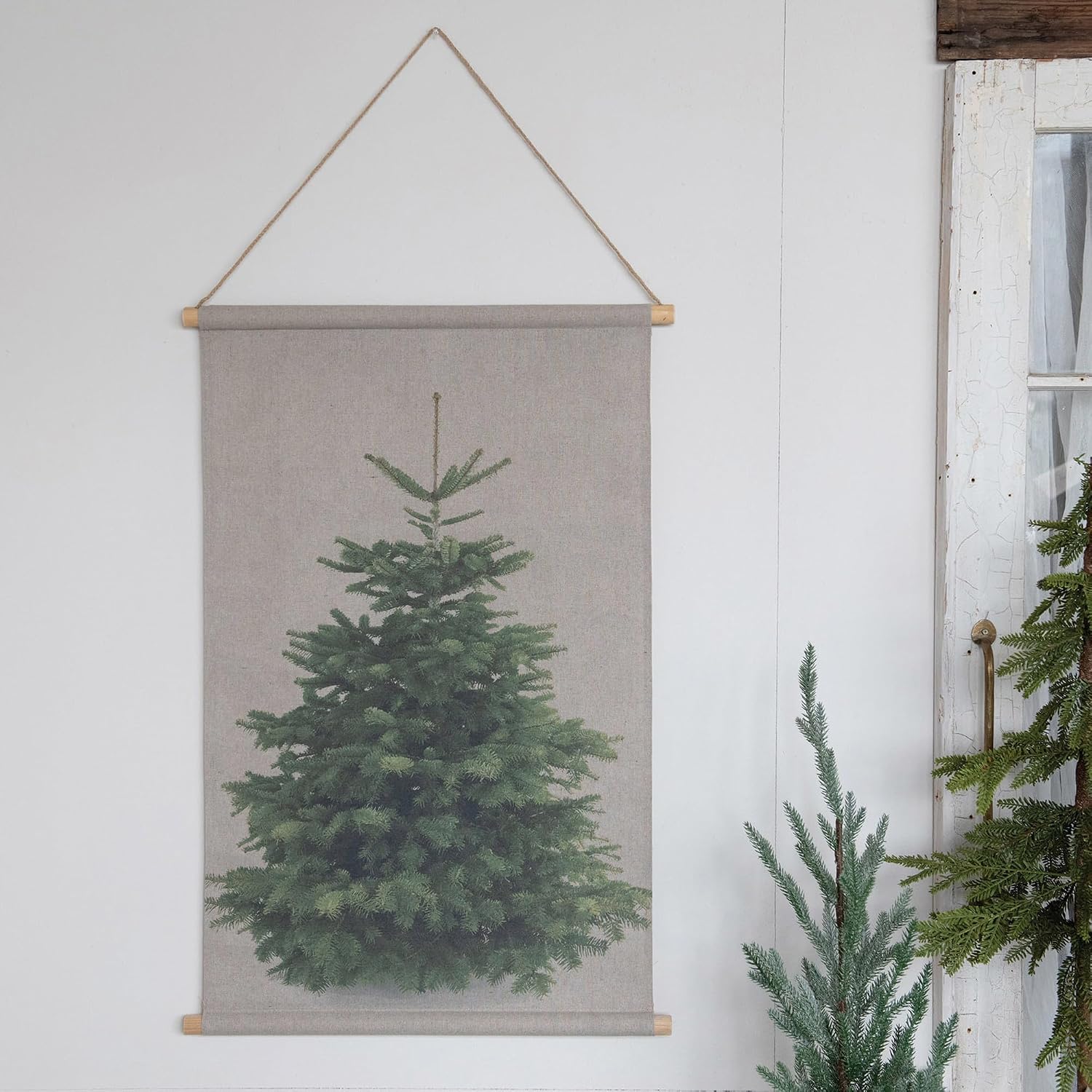 Creative Co-Op 25-1/4"W x 37-3/4"H Canvas & Wood Scroll Wall Décor w/Christmas Tree & Jute Hanger