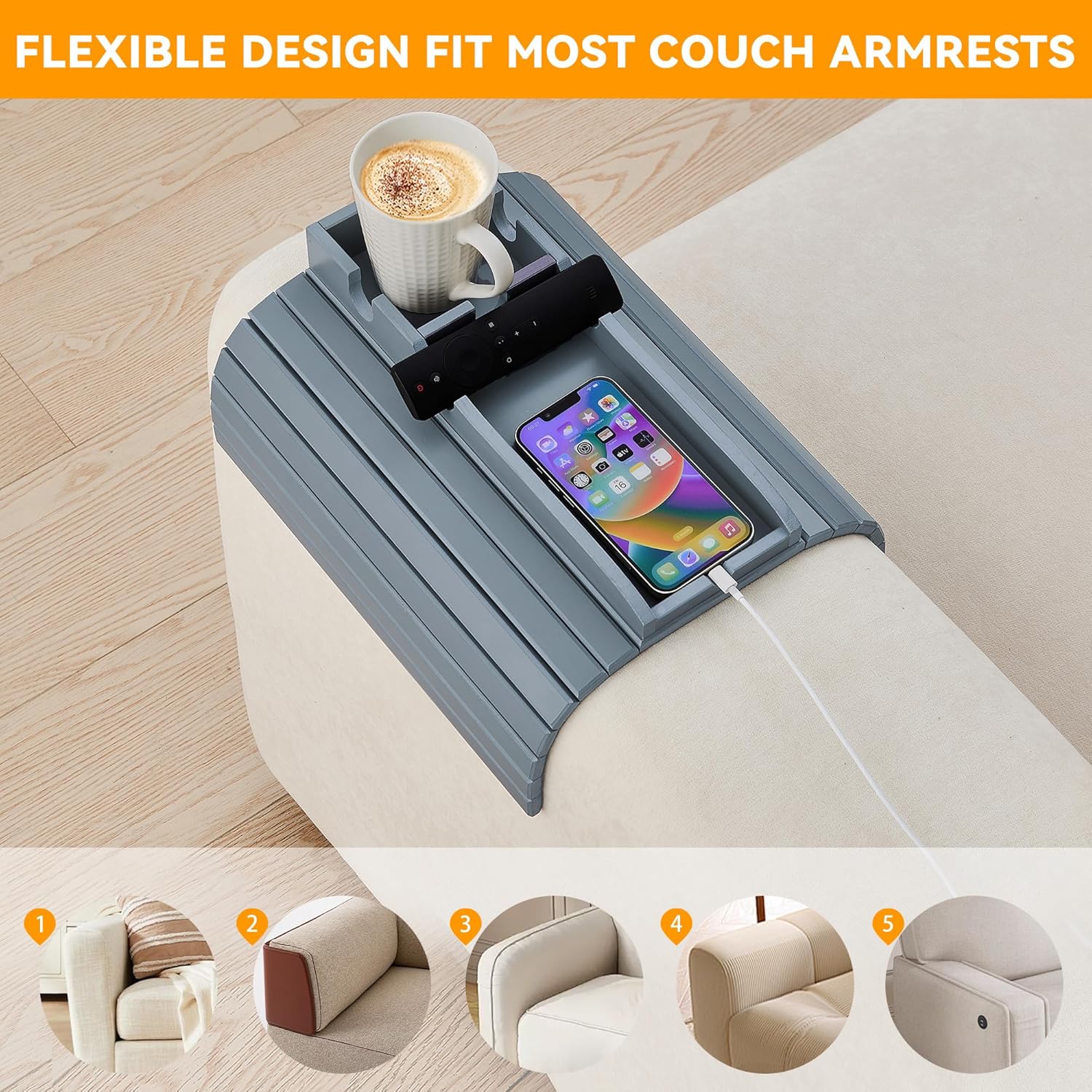 GEHE Bamboo Couch Cup Holder, Anti-Spill Sofa Arm Tray, Natural and Easy to Clean Couch Arm Cup Holder Armrest Tray Perfect for Cups, Beers, Snacks, Remote Control, Drinks