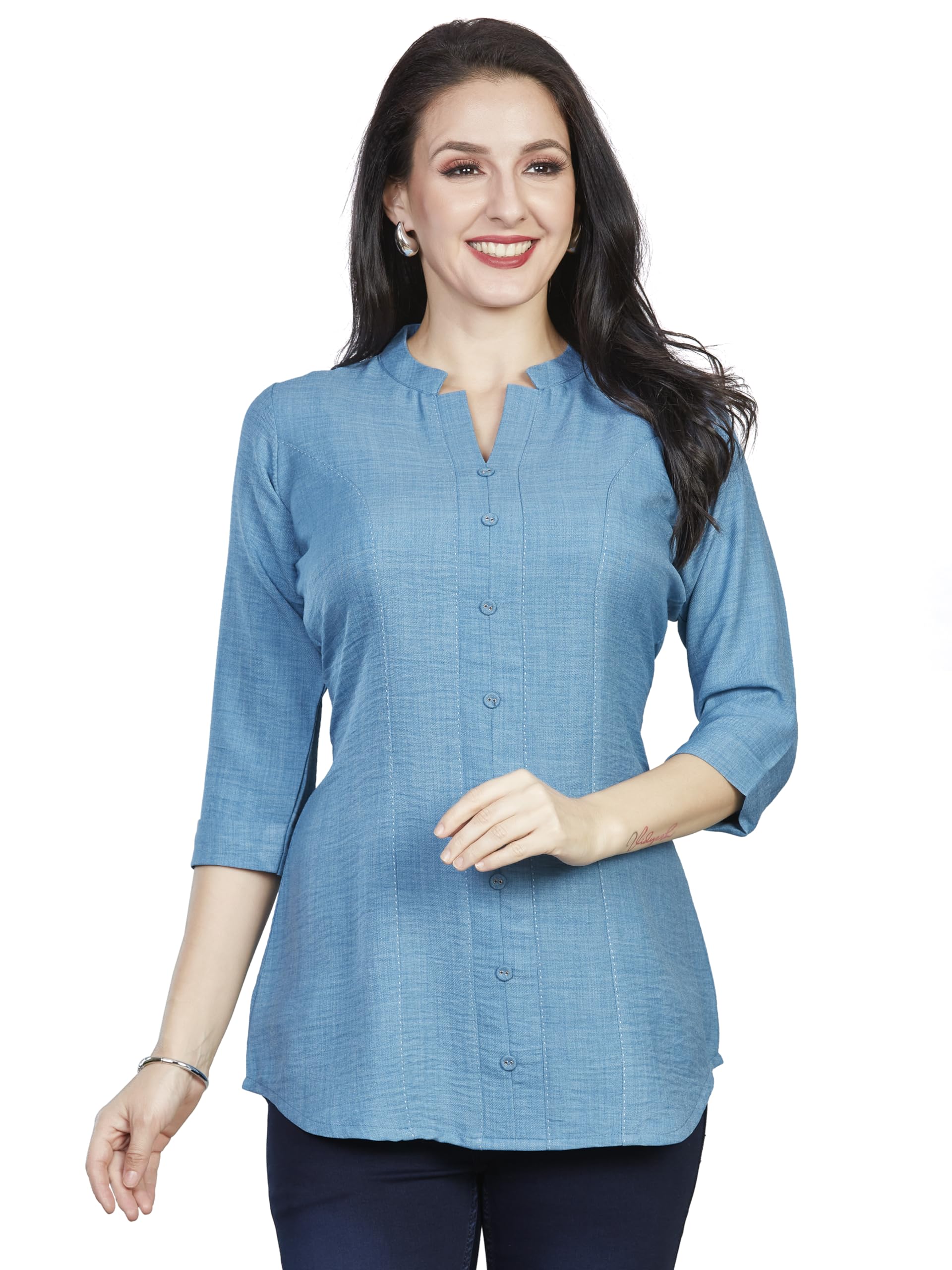 Women’s Slub Rayon-Linen Tunic with 3/4 Sleeves, Designer Cut Mandarin Collar, Kantha Stitching & Button Details (L to 2XL)-image-33