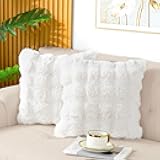 TOUCHAT Double-Sided Rabbit Fur Pillow Covers Set of 2-20x20 Inch Ultra Plush Decorative Throw Pillows for Sofa, Bed & Home Decor, Cream