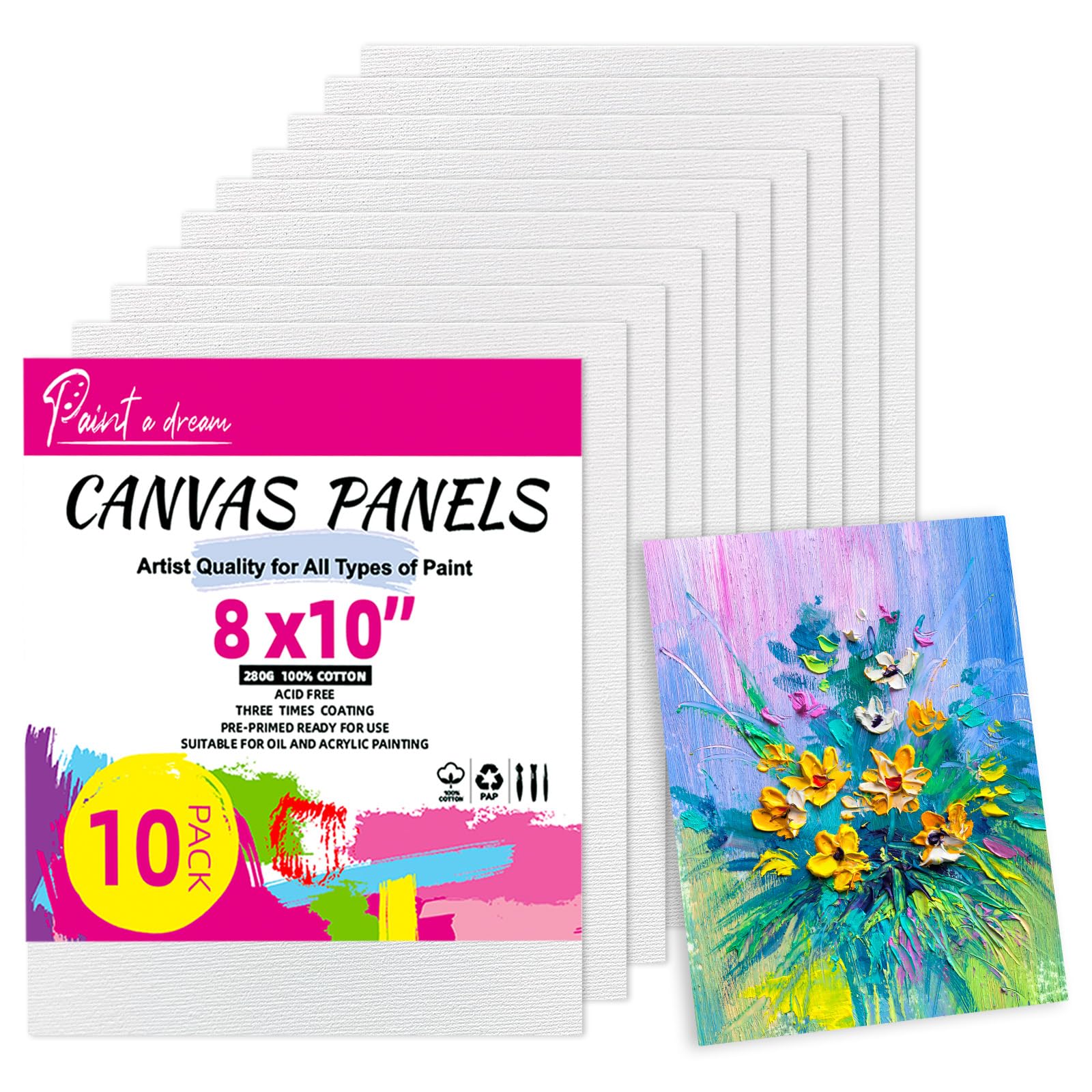 10-Pack Canvas for Painting - 20x25cm （8" x 10”） 100% Cotton Acid-Free Pre-Primed Blank Painting Canvas Panels for Acrylic, Oil & Watercolor, Premium Art Supplies for Artists, Beginners & Beginners